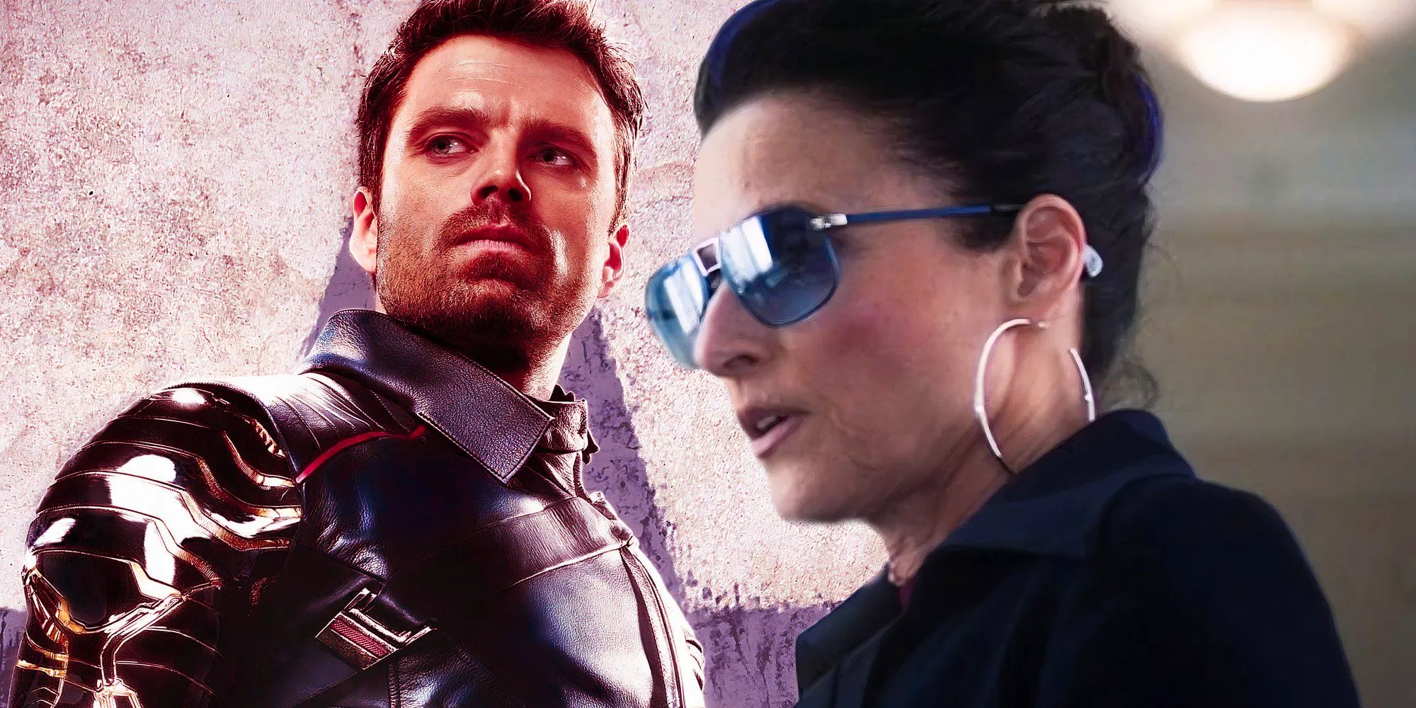 Julia Louis-Dreyfus as Val from Falcon and the Winter Soldier next to Sebastian Stan as Bucky Barnes in the MCU Image