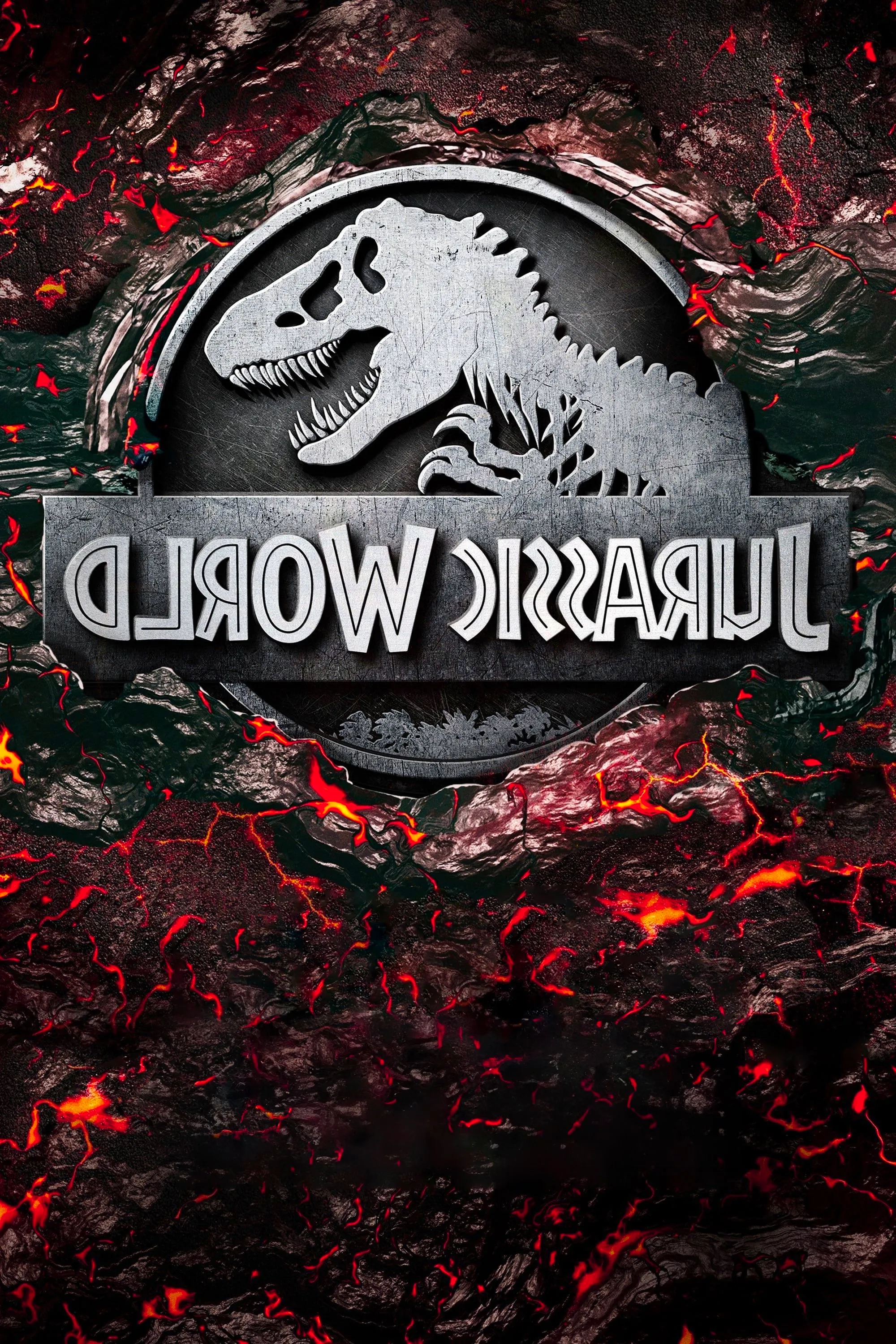 Jurassic World Movie Poster Showing the Dinosaur Logo Buried in Lava Image