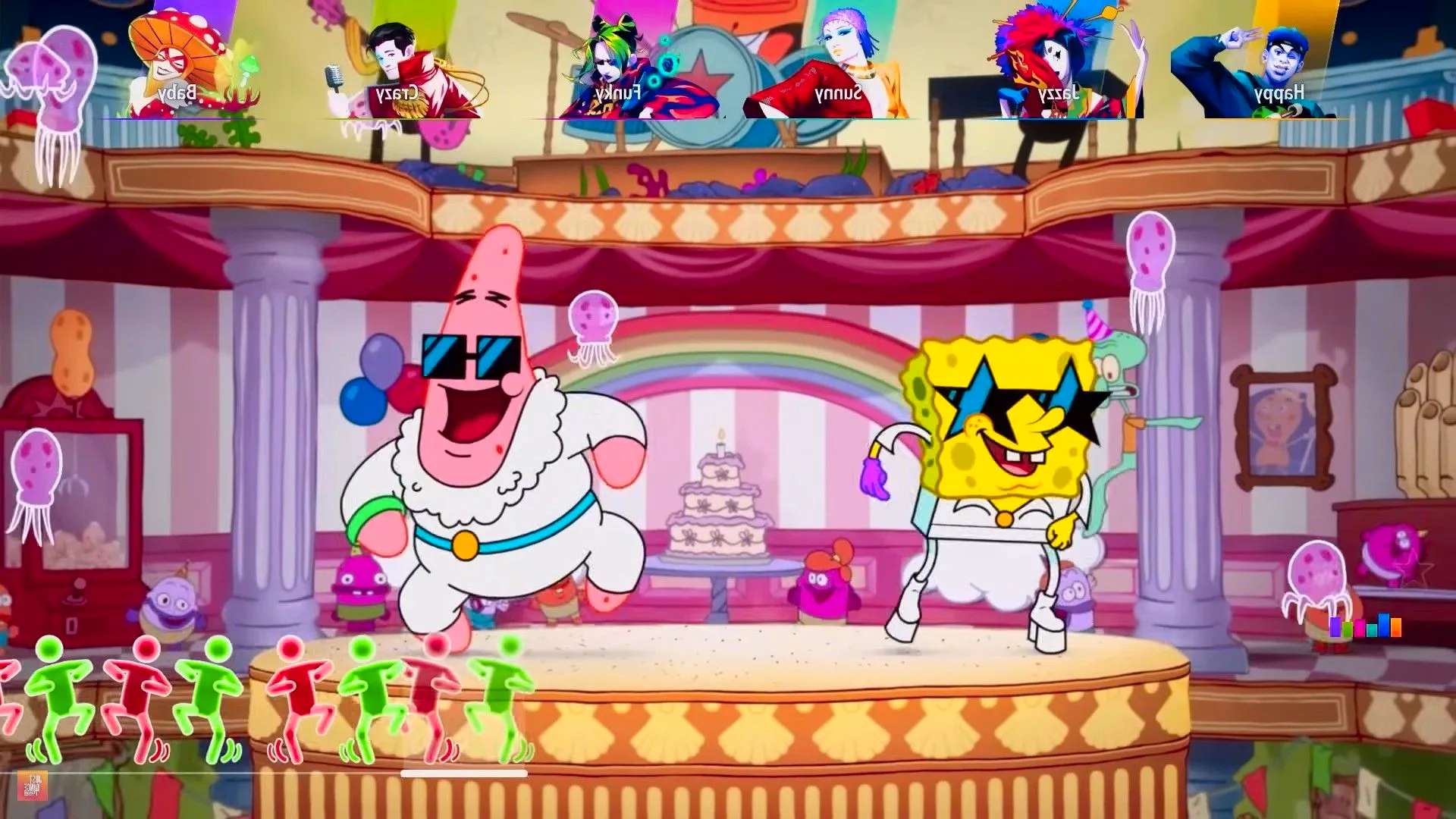 Just Dance 2025 SpongeBob's Birthday dance showing SpongeBob and Patrick performing on a stage together at the Goofy Goober. Image