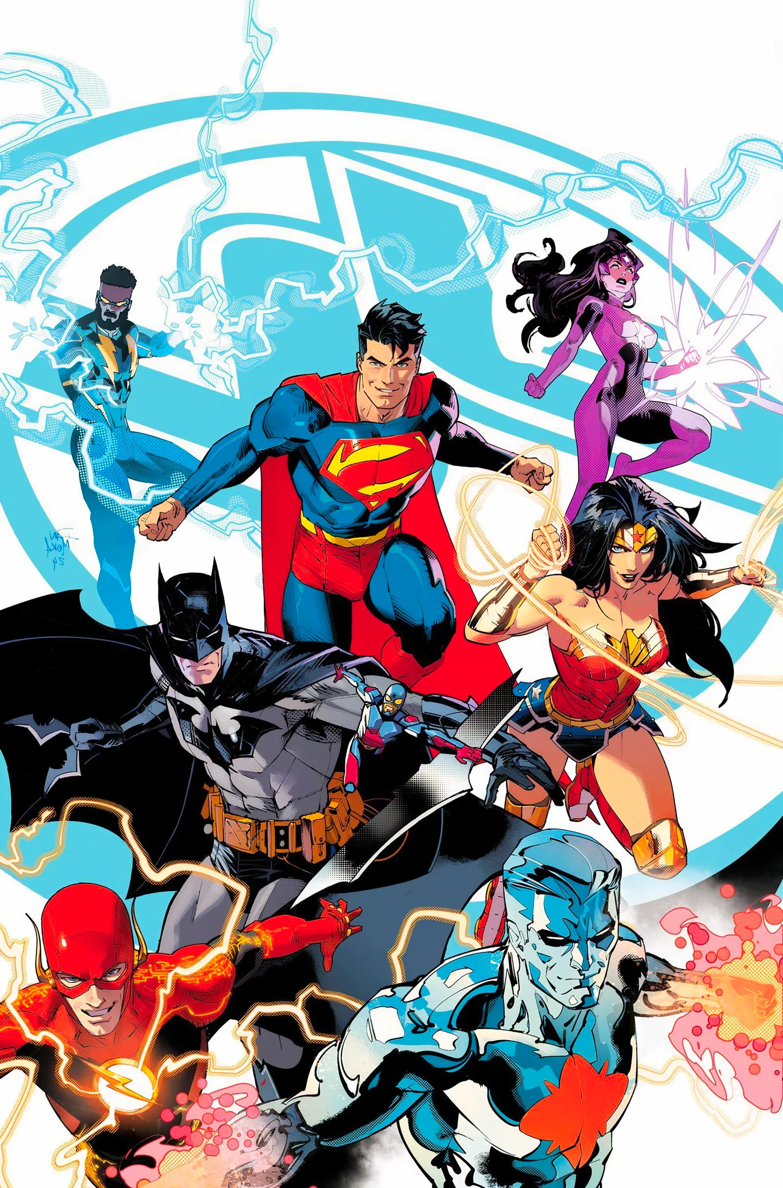 Justice League Unlimited 1 Main Cover Solicit: Justice League superheroes pose together in front of a blue JL logo. Image