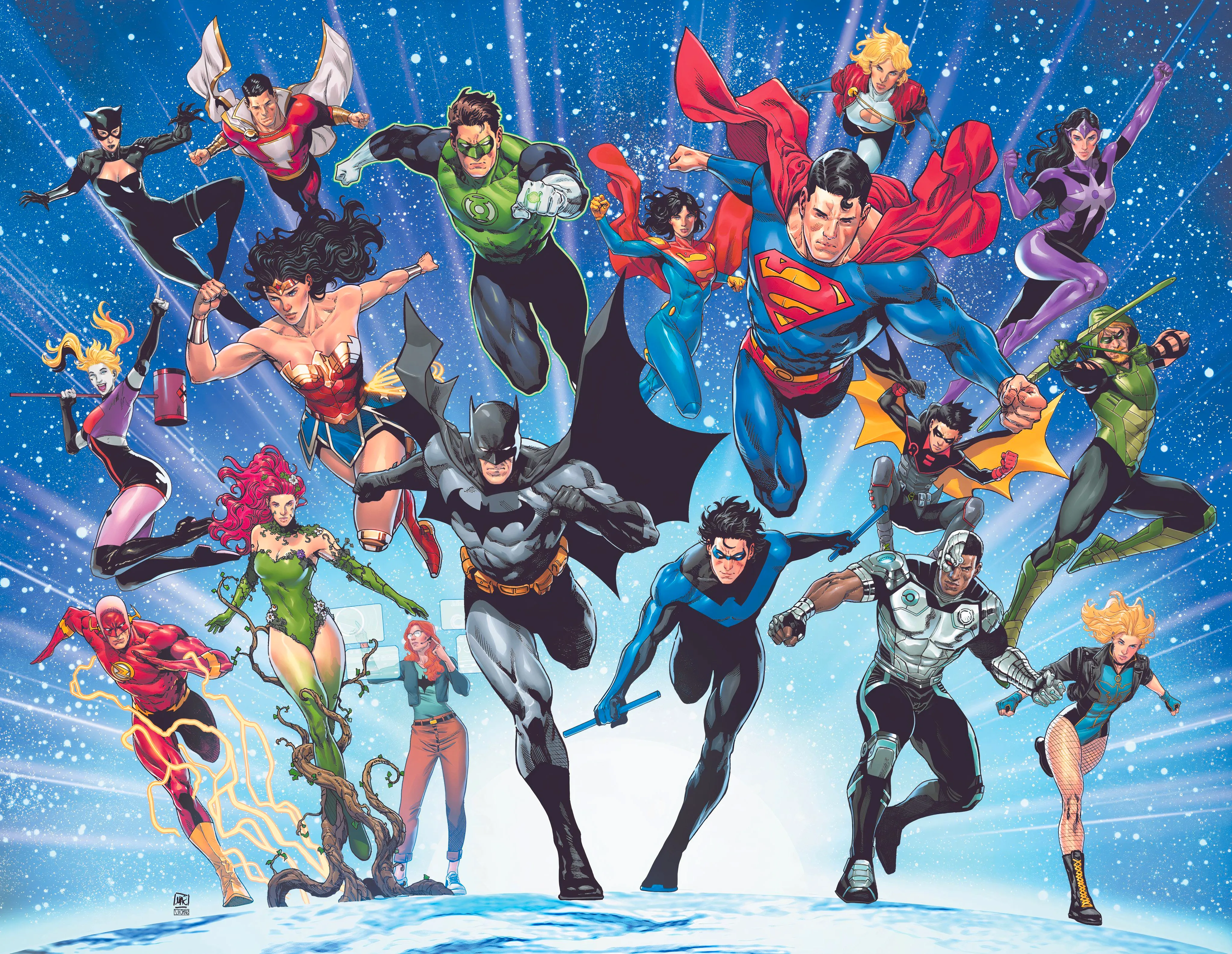 Justice League Unlimited 1 Sampere Variant Cover: DC superheroes including Superman, Batman, Wonder Woman, Cyborg, Nightwing, Green Lantern, and more run towards the viewer Image