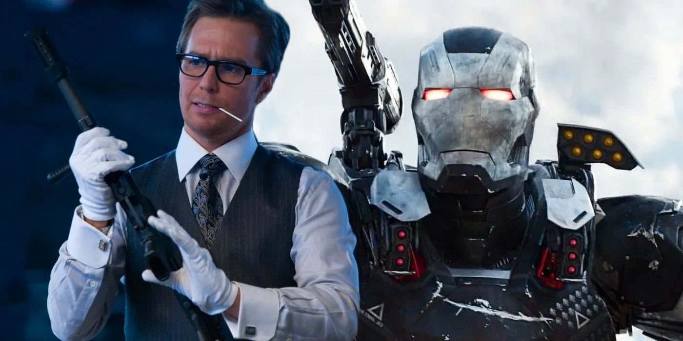 Justin Hammer in front of War Machine. Image