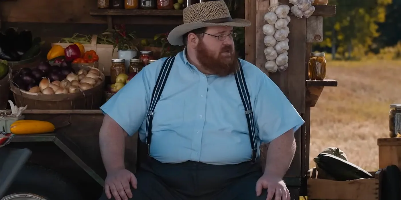 K. Trevor Wilson as Squirrelly Dan in Mennonite clothes in Letterkenny season 12 Image