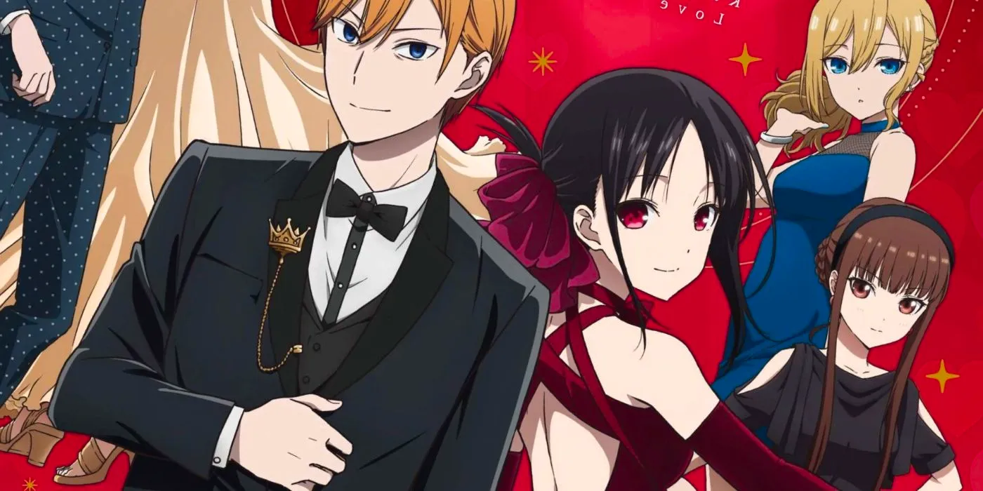 Kaguya and Miyuki dress up nice and smile next to several other characters from the series. Image