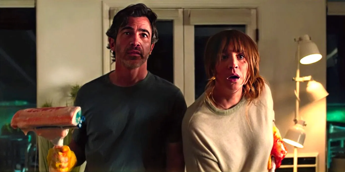 Kaley Cuoco and Chris Messina hold bloody mops while looking distraught in Based on a True Story Image