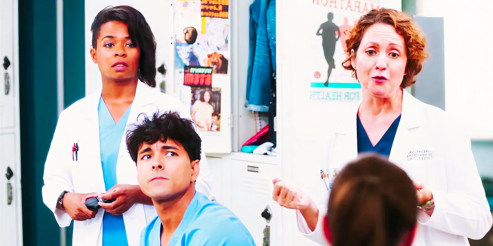 Kali Rocha as Sydney Heron, Niko Terho as Lucas Adams and Alexis Floyd as Simone Griffiths in Grey's Anatomy season 21's trailer Image