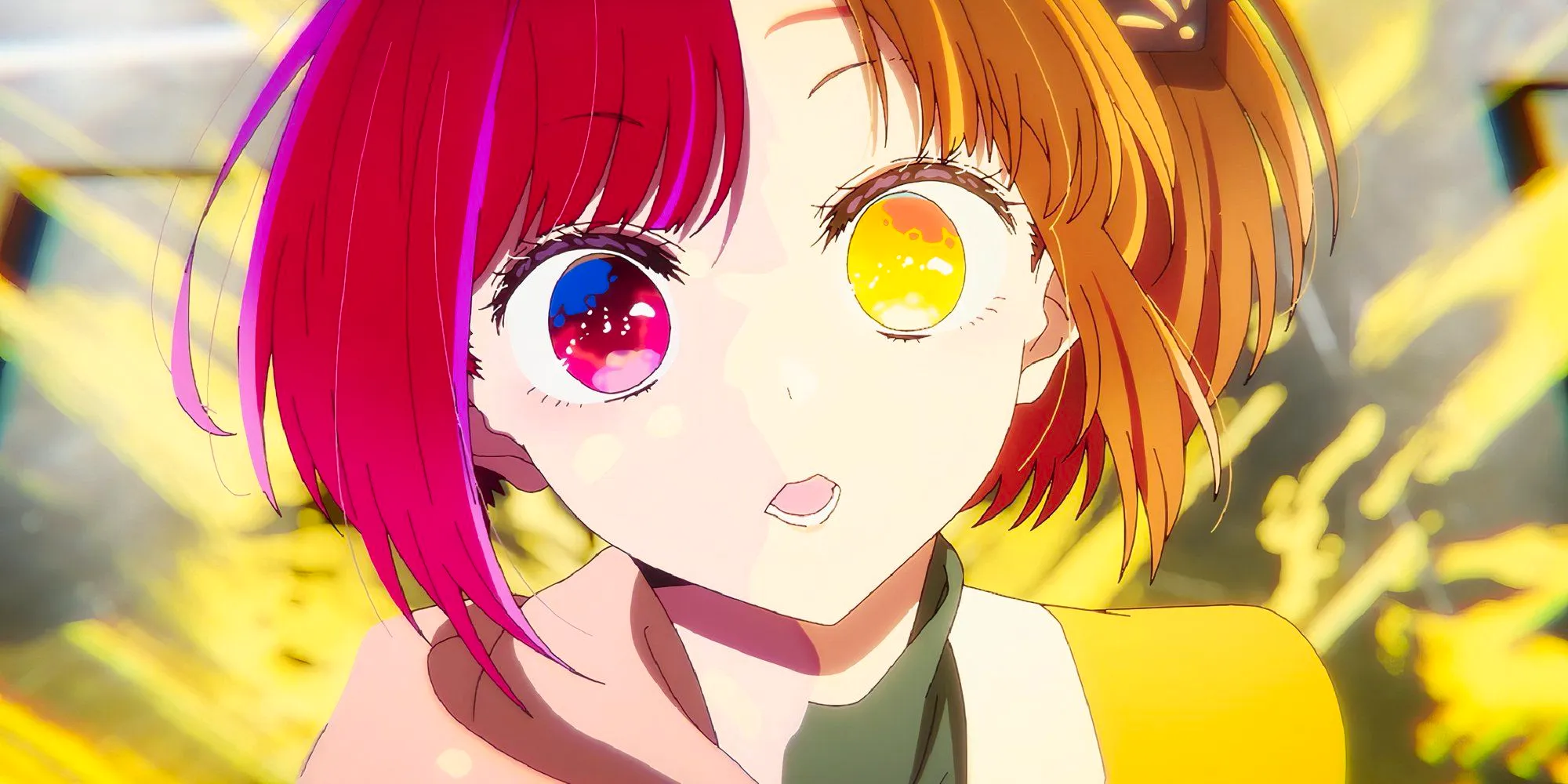 kana looking shocked with her eyes wide and her face splashed with yellow on one side in oshi no ko Image