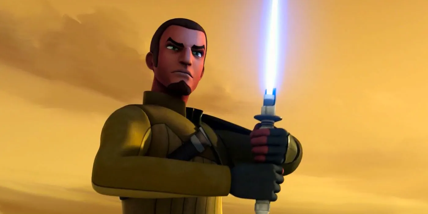 Kanan Jarrus from Star Wars Rebels holding his lightsaber. Image