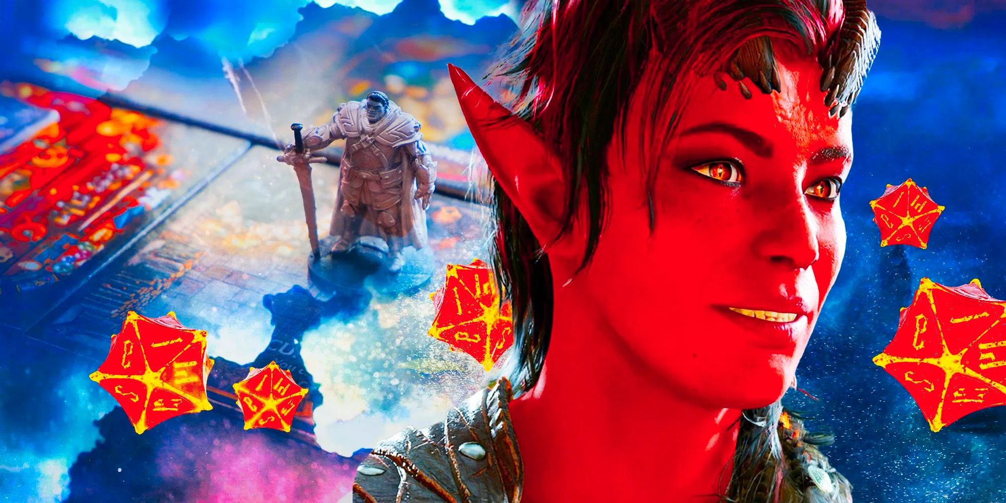 Karlach from Baldur's Gate 3 surrounded by red dice with a board game figure behind her.  Image