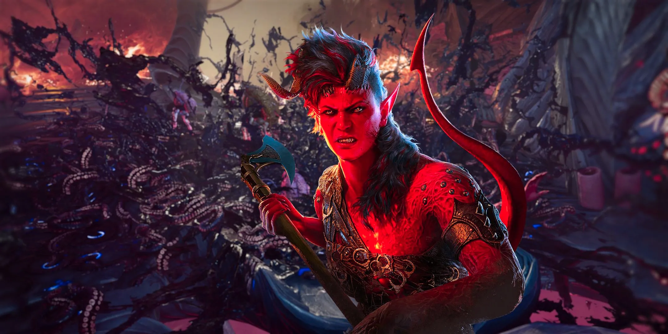 Karlach snarls in front of a mass of tentacles in Baldur's Gate 3. Image