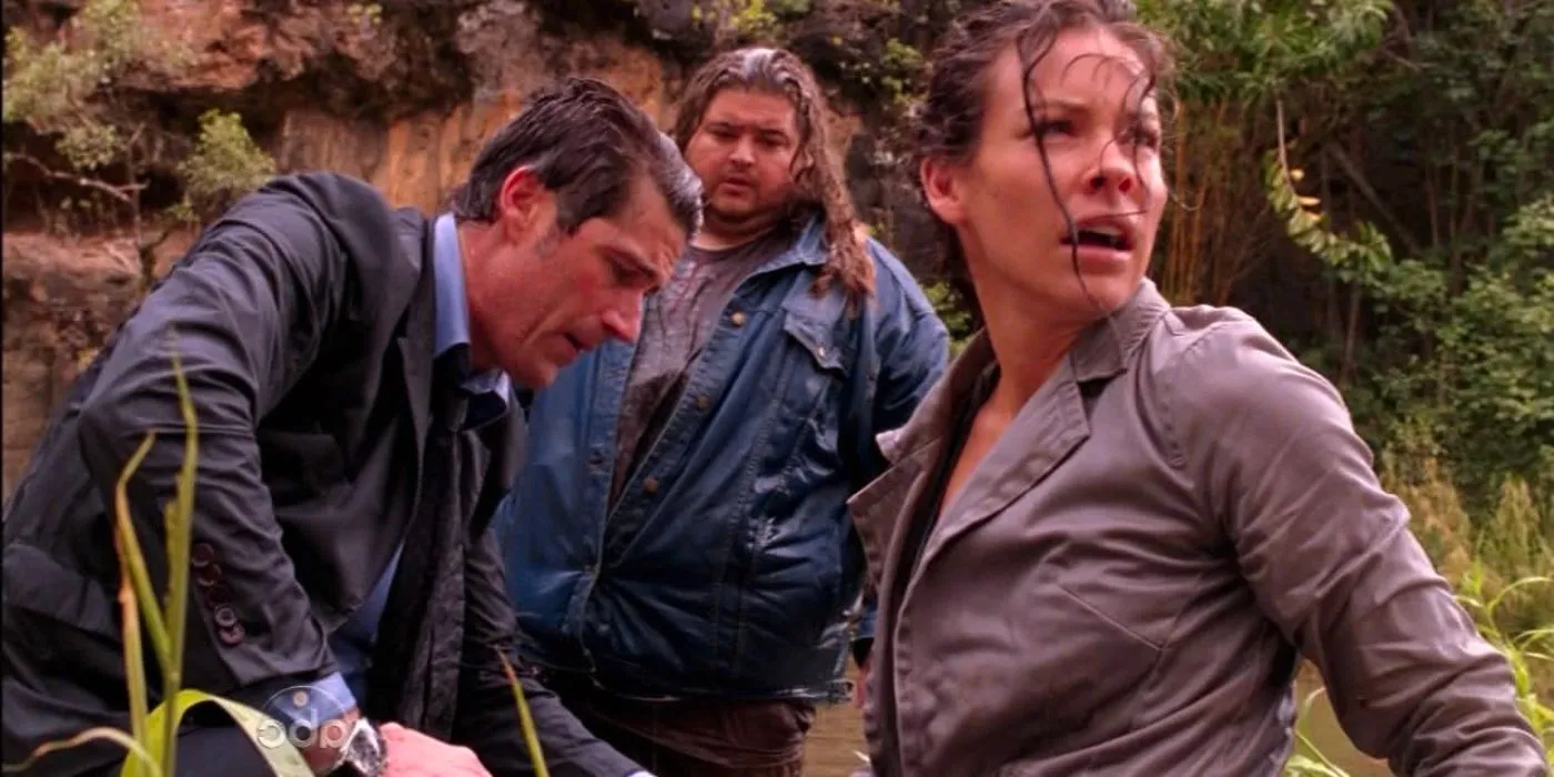 Kate, Hurley and Jack on the island in the rain on Lost Image