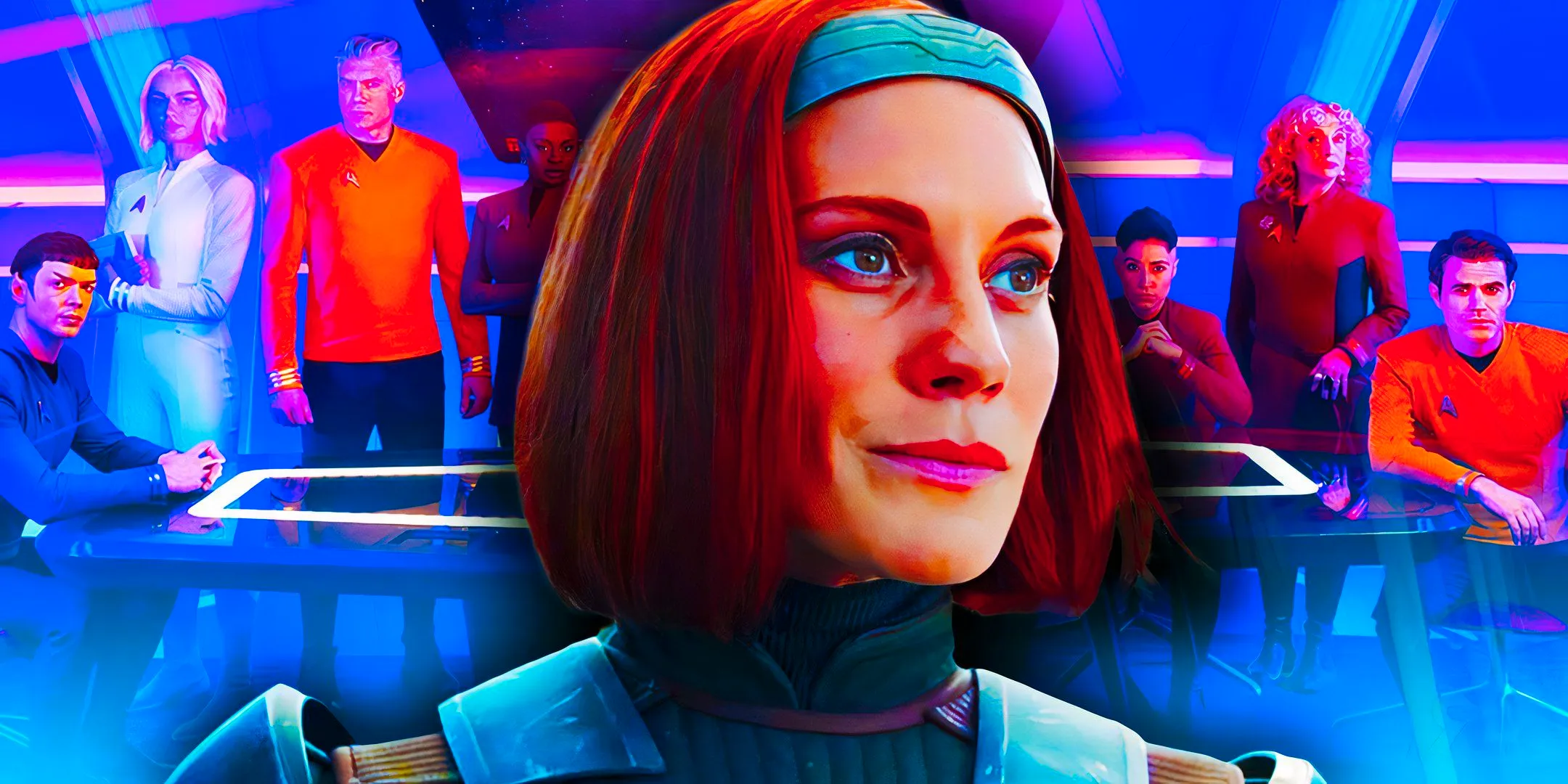 Katee Sackoff as Bo-Katan and the cast of Star Trek: Strange New Worlds Image