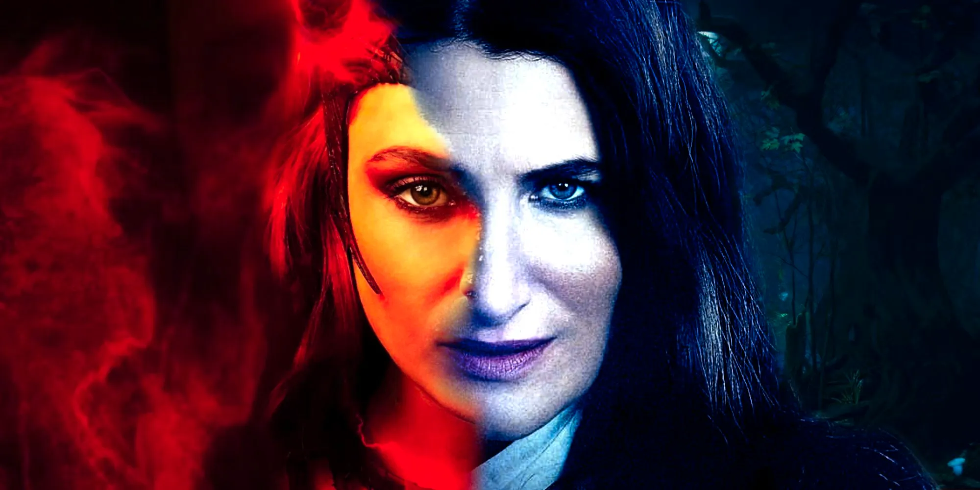 Kathryn Hahn's Agatha Harkness smiles in Agatha All Along poster combined with Scarlet Witch's face poster from Doctor Strange in the Multiverse of Madness Image