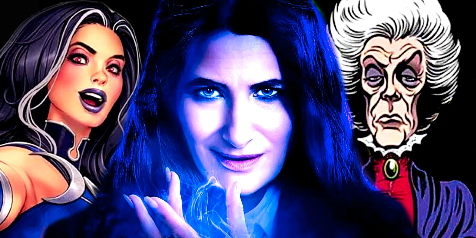 Kathryn Hahn's Agatha Harkness using her purple magic in the MCU's Agatha All Along and the witch's two forms in Marvel Comics Image