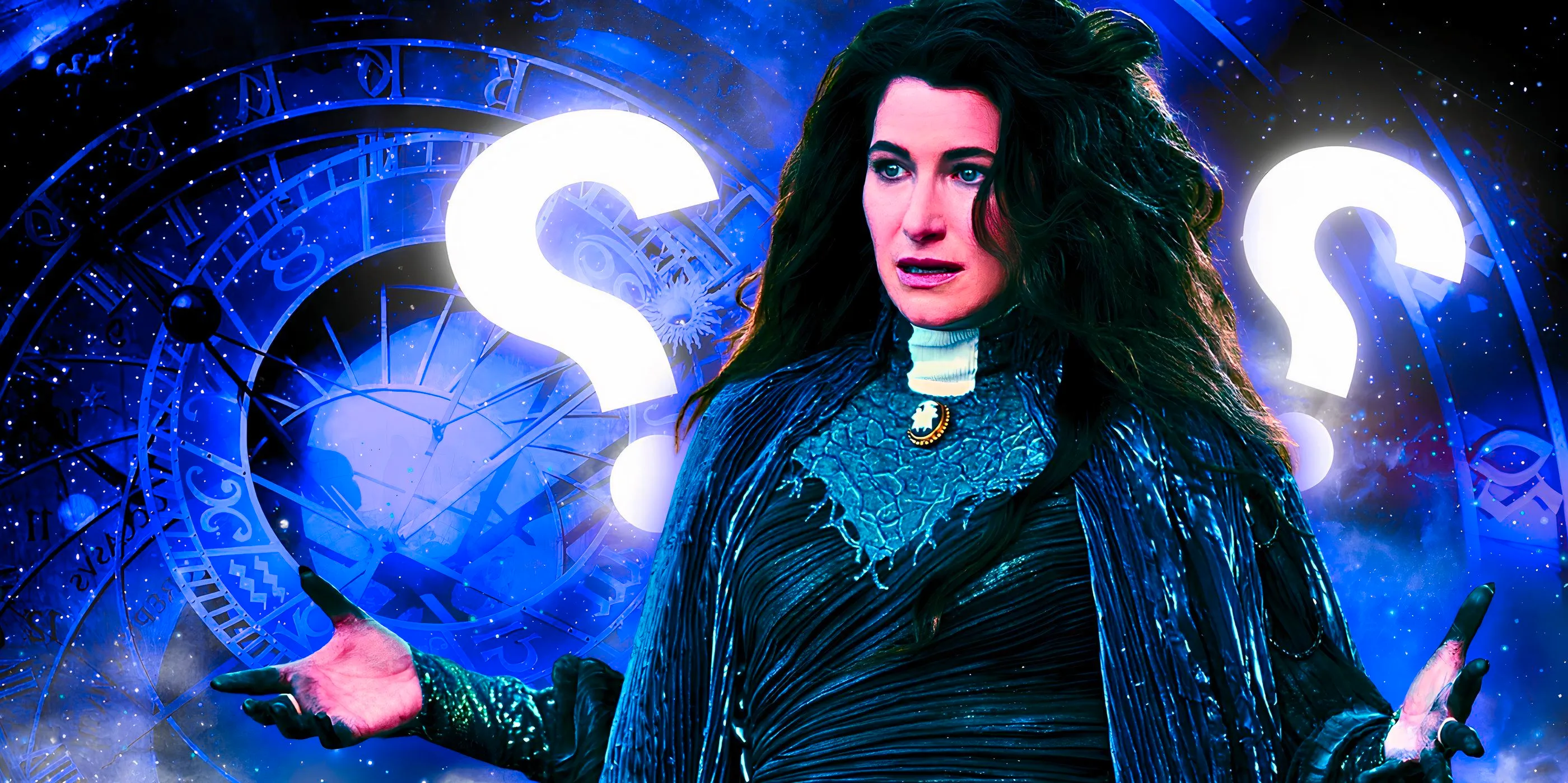 Kathryn Hahn's Agatha Harkness with her hands up in WandaVision (2021), question marks behind her in regards to Agatha All Along's (2024) timeline Image