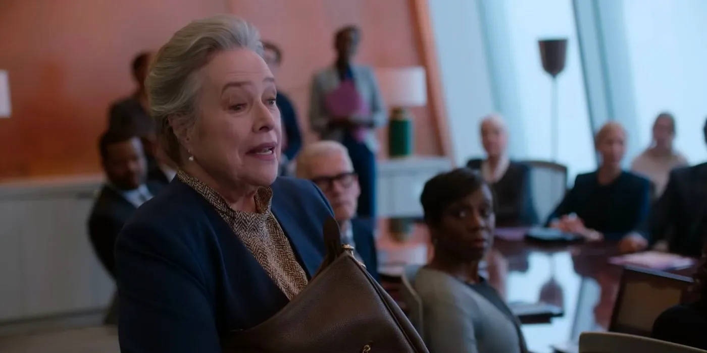 Kathy Bates talks to a boardroom full of people in Matlock reboot series Image