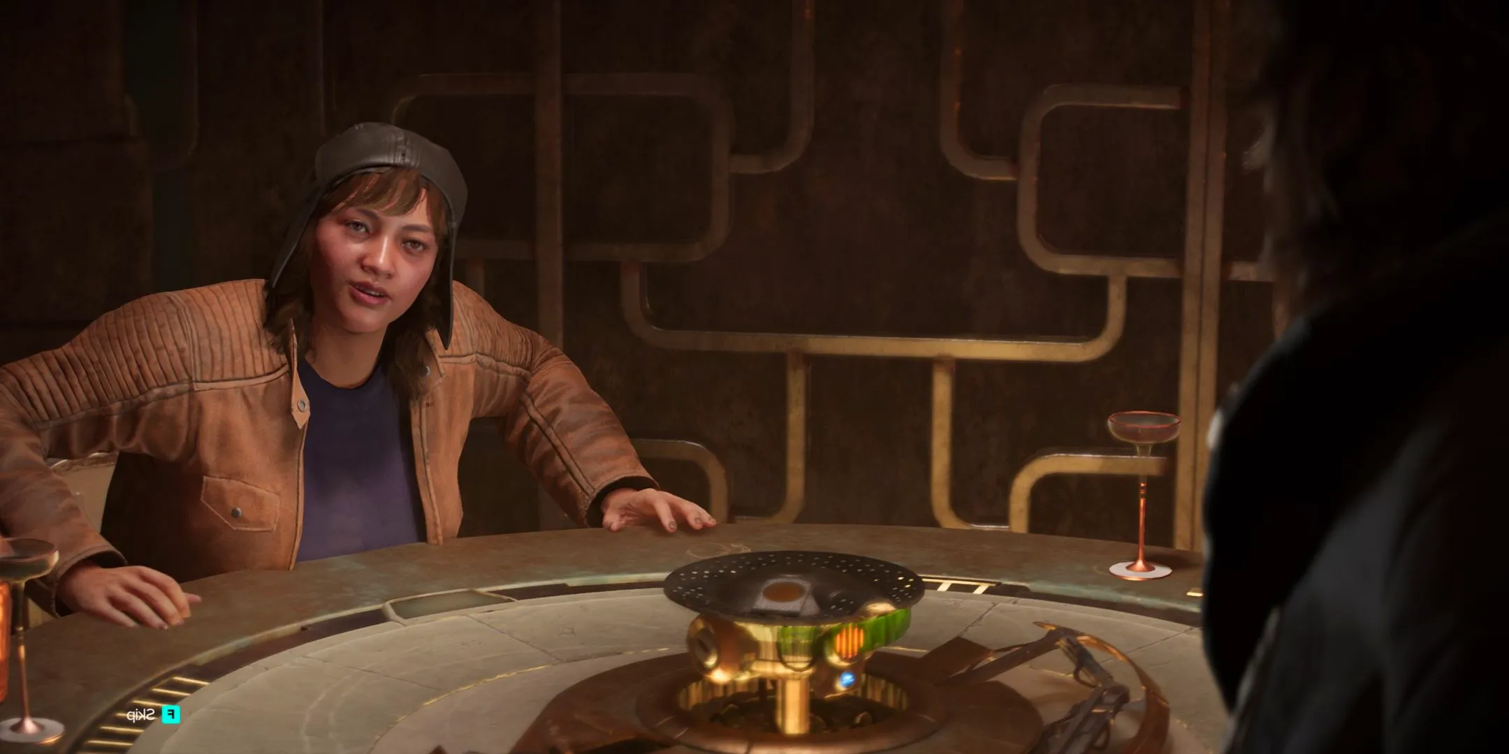 Kay at a Sabacc table on Kijimi in Star Wars Outlaws with a holodisc in the pot. Image