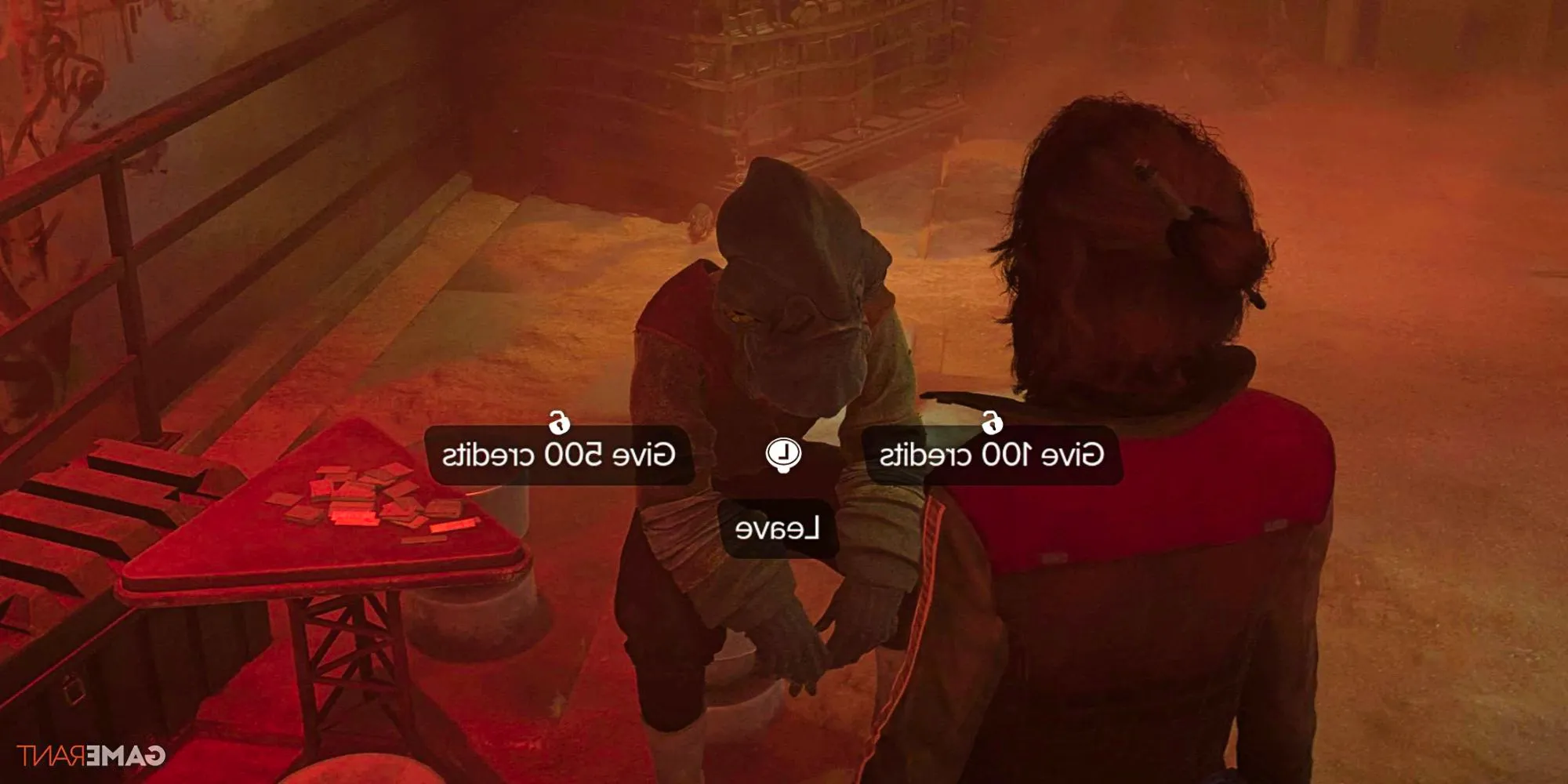 Kay looks at the begging gambler in a screenshot from Star Wars Outlaws. Options Give 100 credits, give 500 credits, and leave are displayed on screen. Image