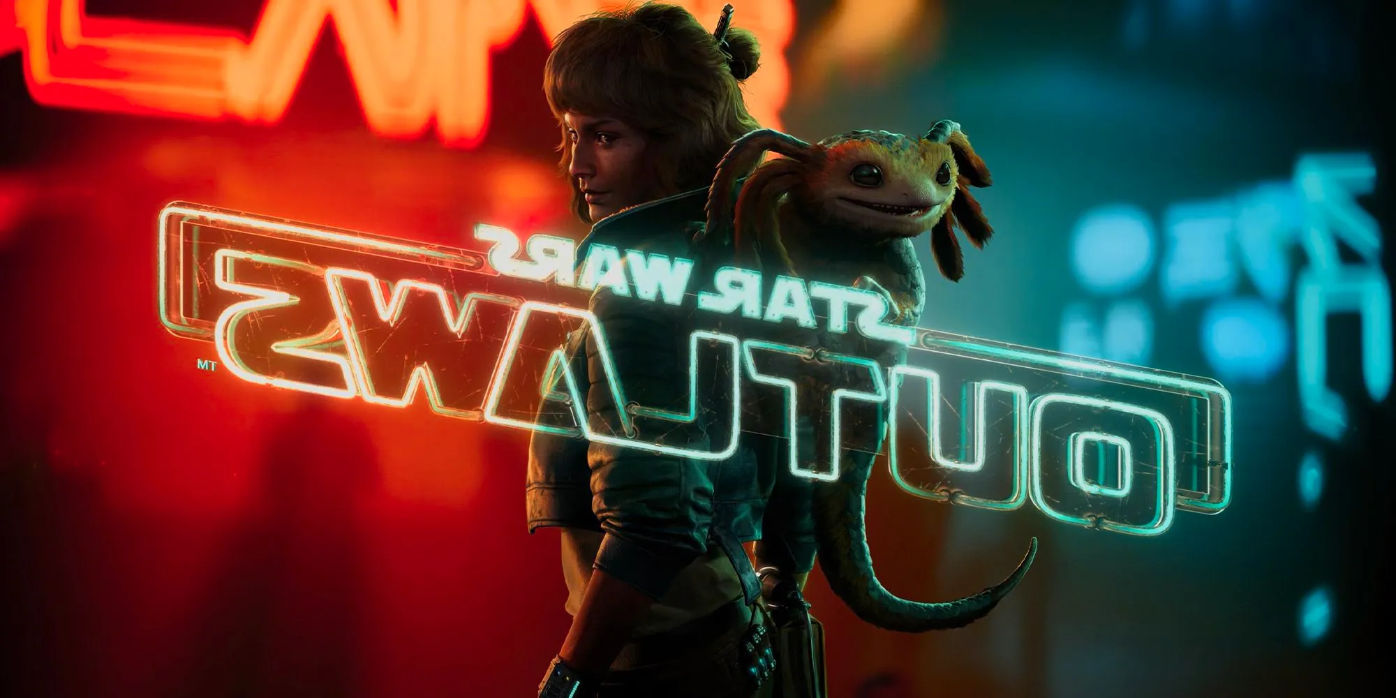 Kay & Nix on an orange and blue neon background with the official Star Wars Outlaws logo in the foreground Image