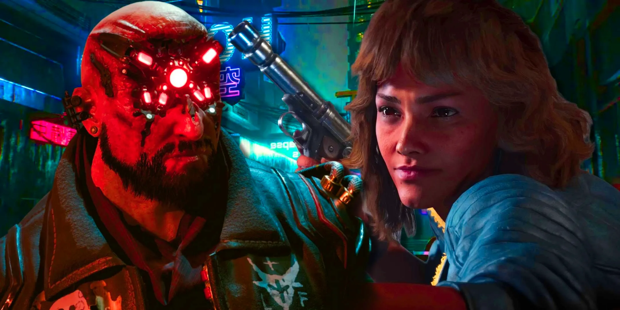 Kay Vess from Star Wars Outlaws holding a blaster next to Royce's head from Cyberpunk 2077. Image