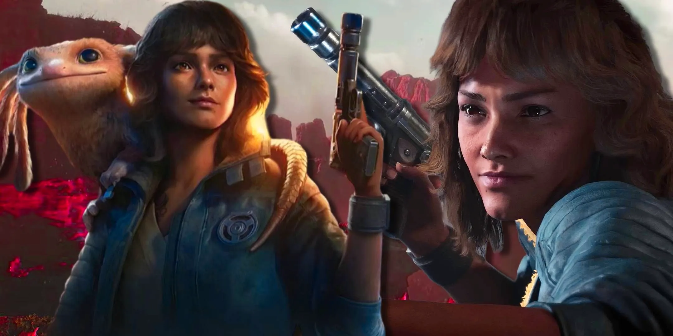 Kay Vess holding her pistol in Star Wars Outlaws on the left, and Nix on Kay's shoulder as she holds her blaster on the right. Image