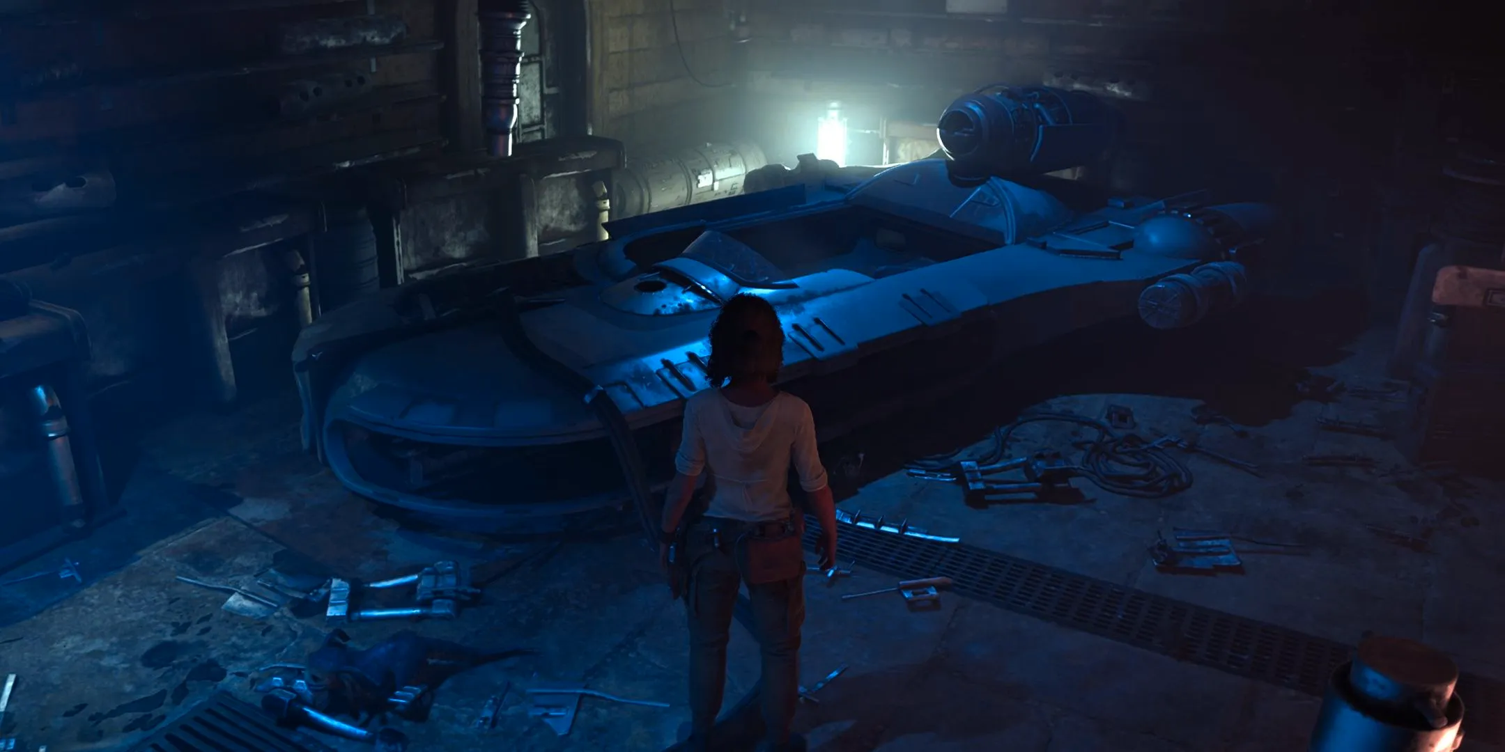 Kay Vess standing next to a landspeeder in Star Wars Outlaws Image