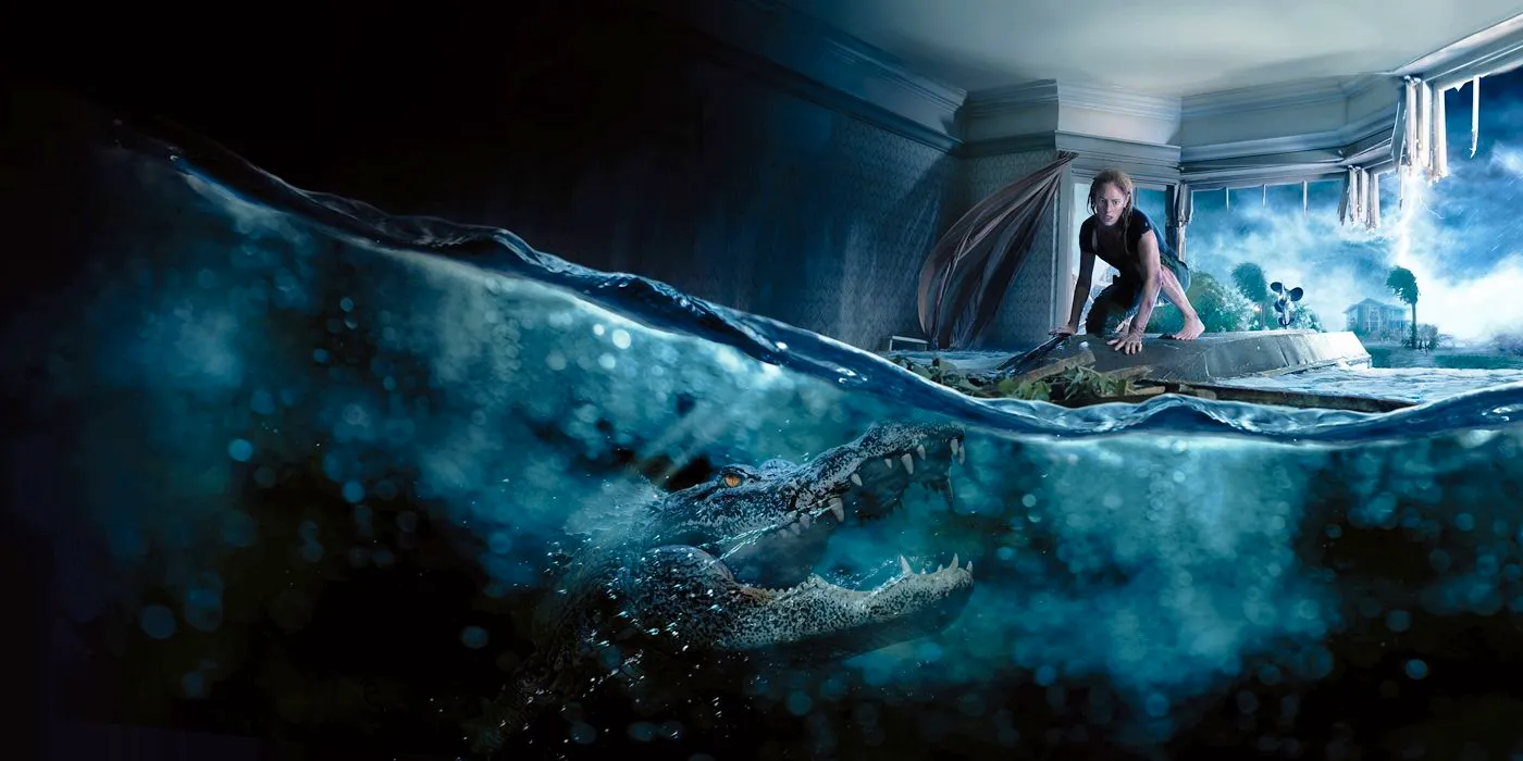 Kaya Scodelario standing on a table above an alligator beneath the surface of the water in Crawl Image