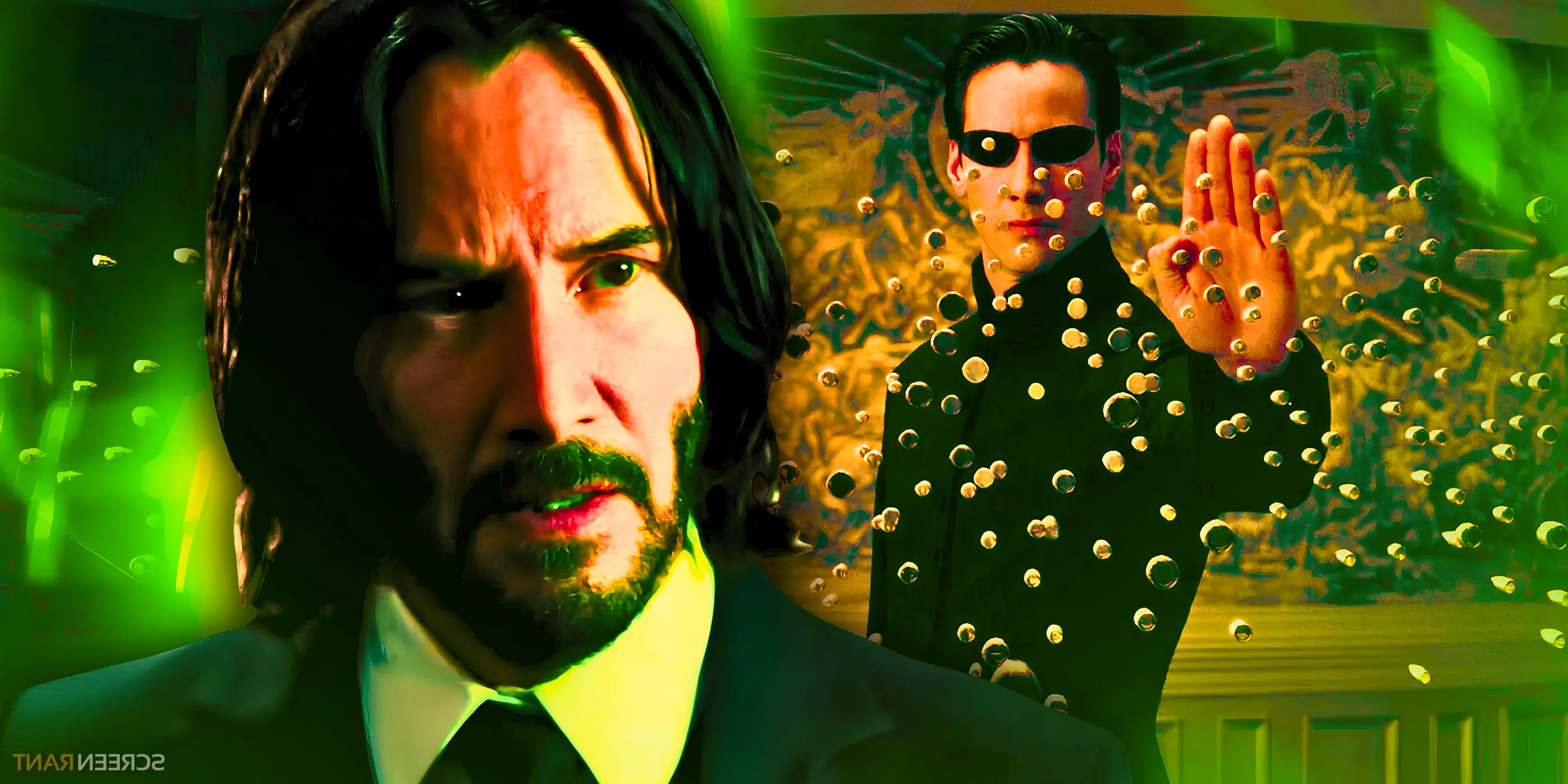 Keanu Reeves as John Wick looking intense and as Neo in The Matrix stopping bullets. Image