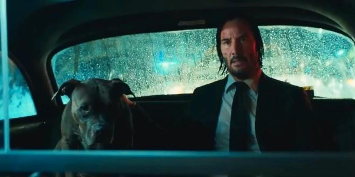 Keanu Reeves as John Wick sits next to the Unnamed Dog in John Wick: Chapter 3 - Parabellum's intro. Image