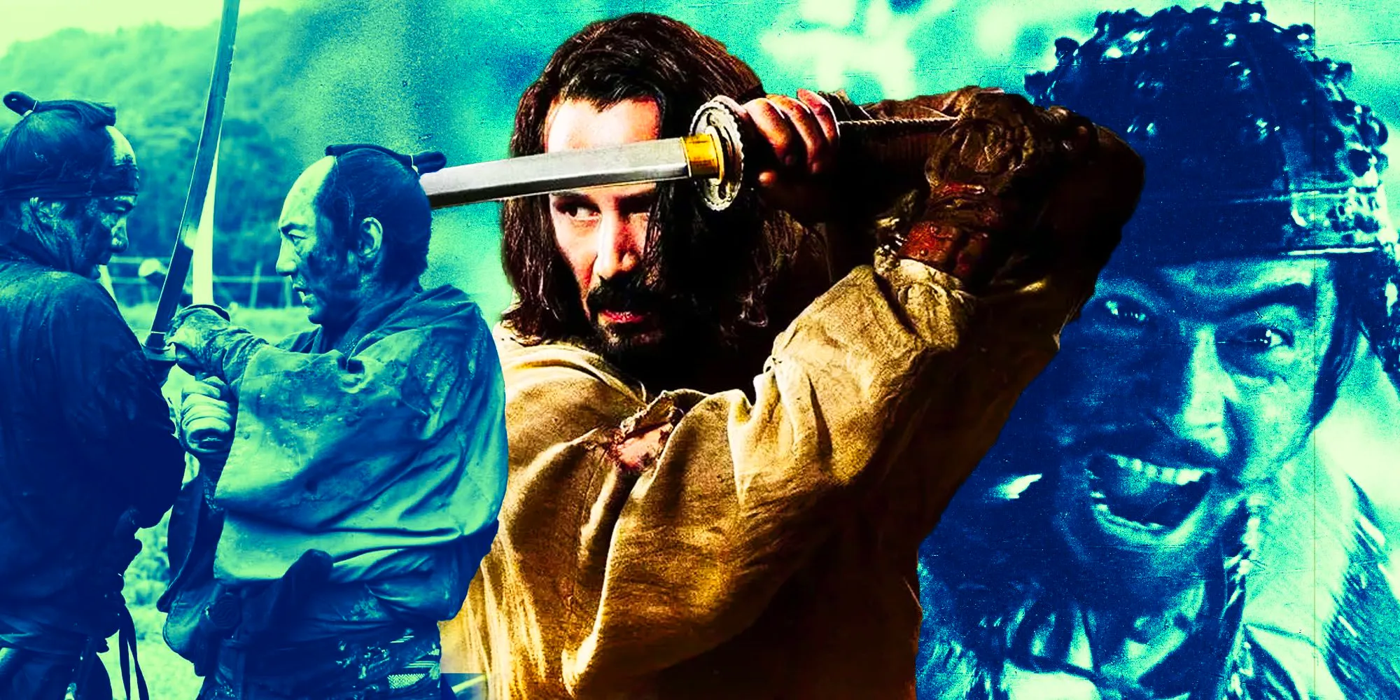 Keanu Reeves in 47 Ronin next to similar samurai movie scenes Image