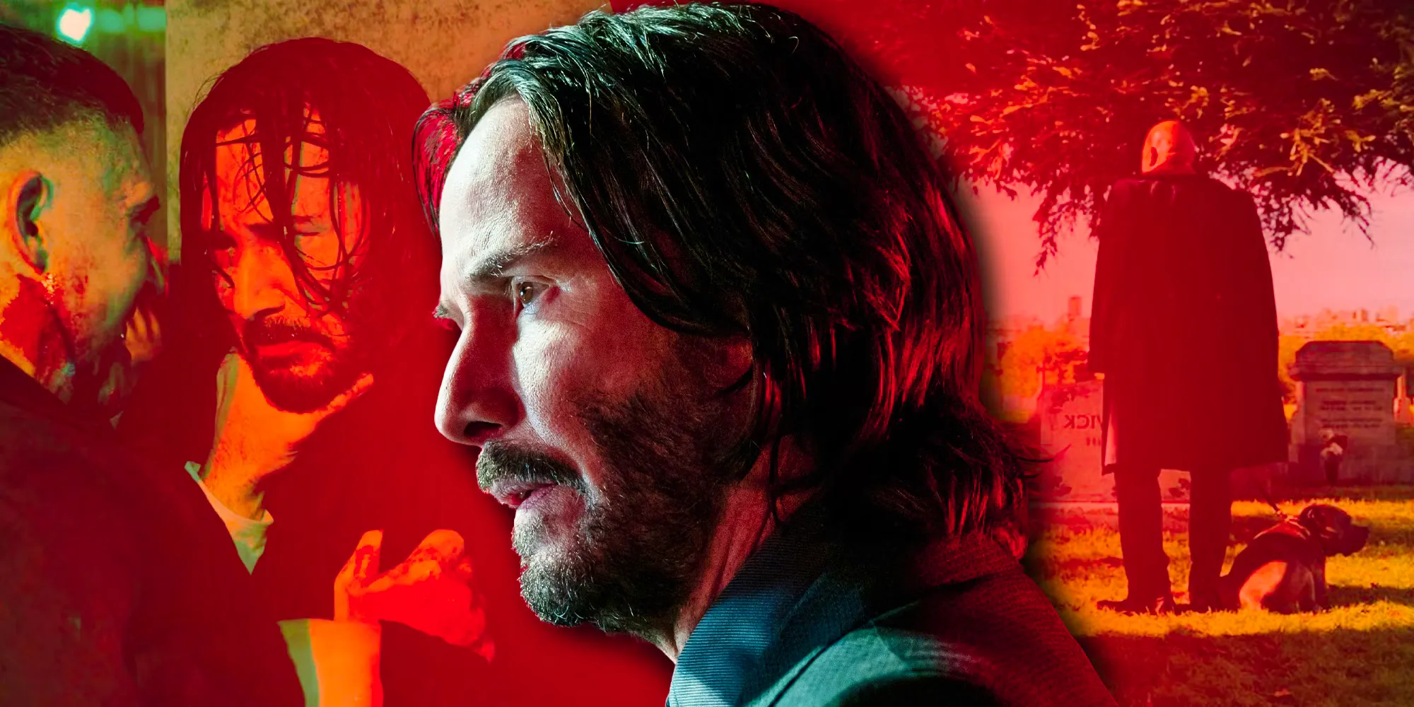 Keanu Reeves in Front of Imagery from the John Wick Movies Image