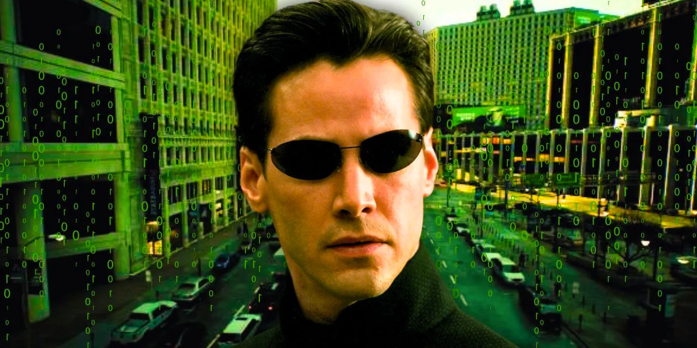 Keanu Reeves in The Matrix wearing sunglasses in front of a street Image