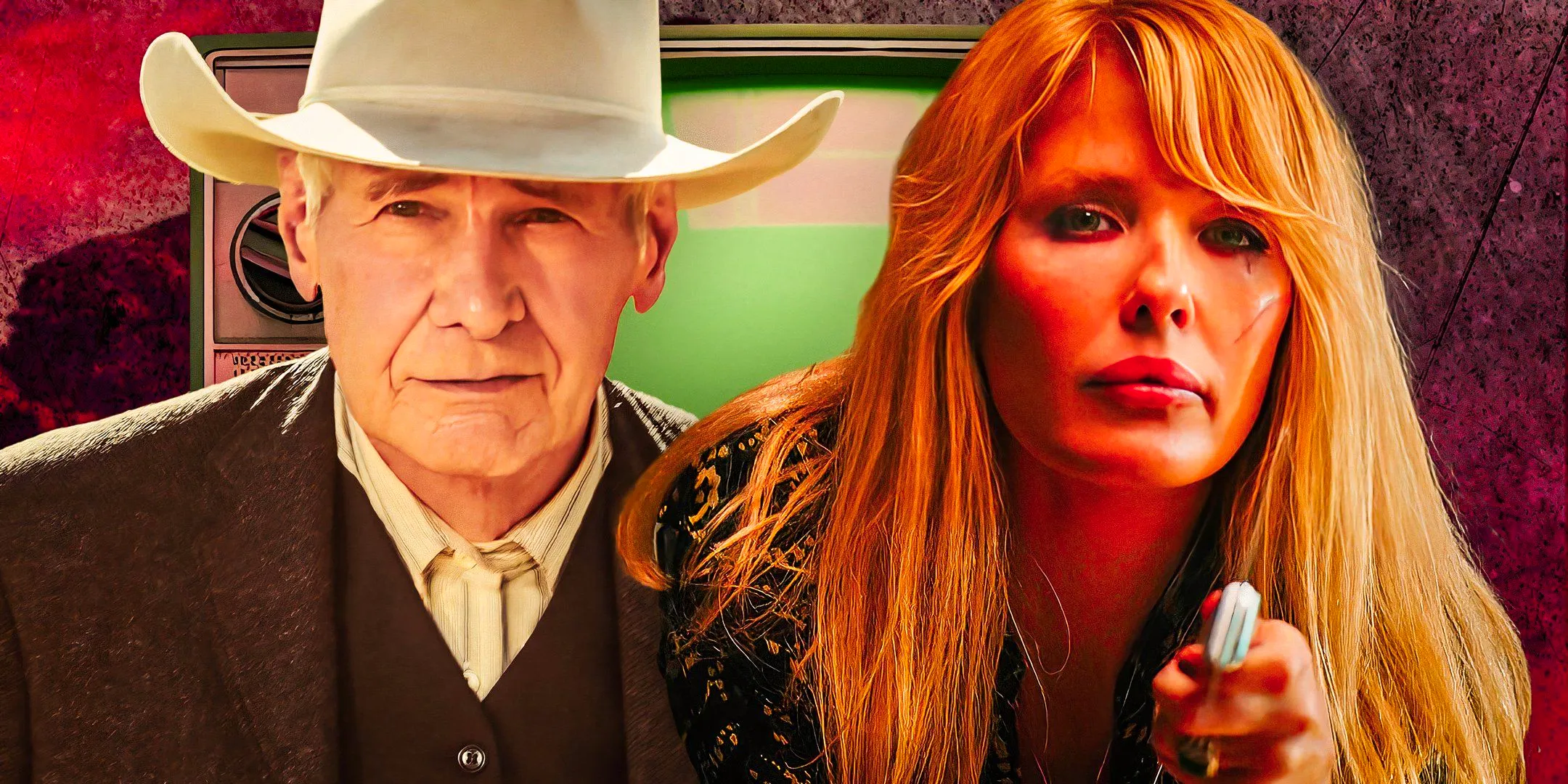 Kelly Reilly as Beth Dutton in Yellowstone and Harrison Ford as Jacob Dutton in 1923. Image