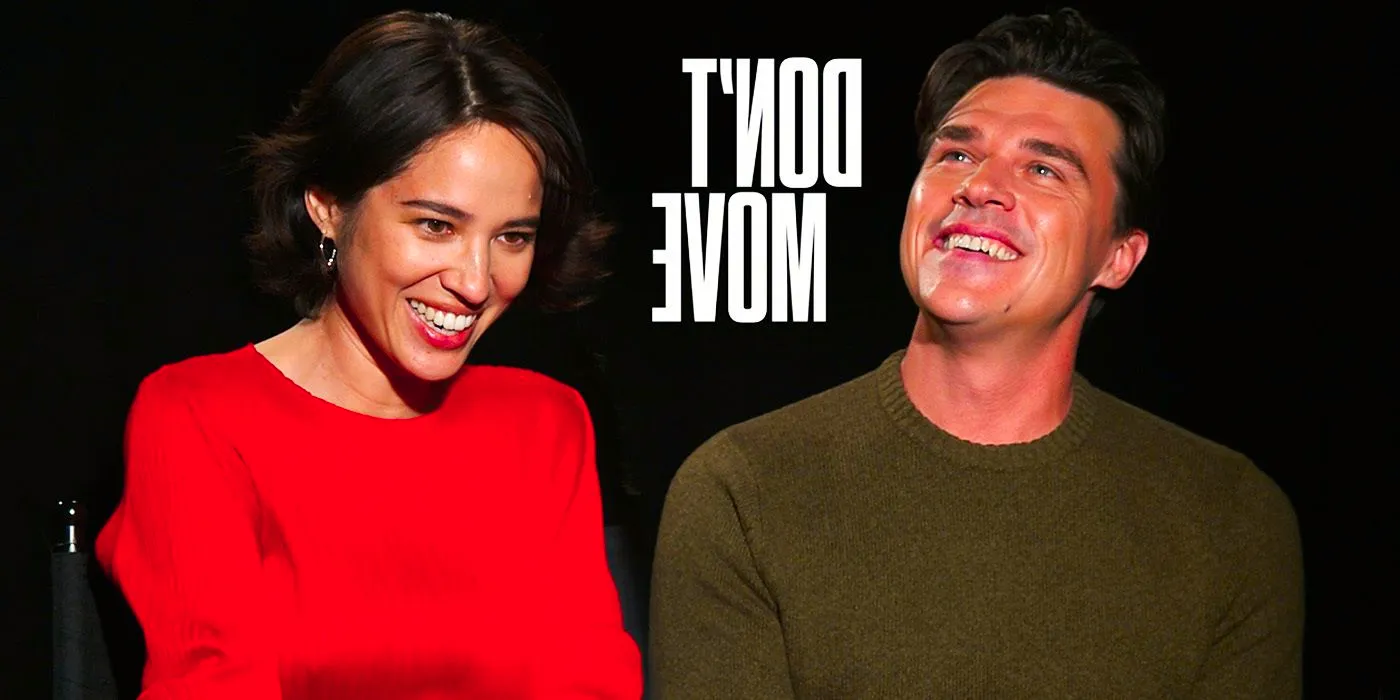 Kelsey Asbille & Finn Wittrock smiling during Don't Move interview Image