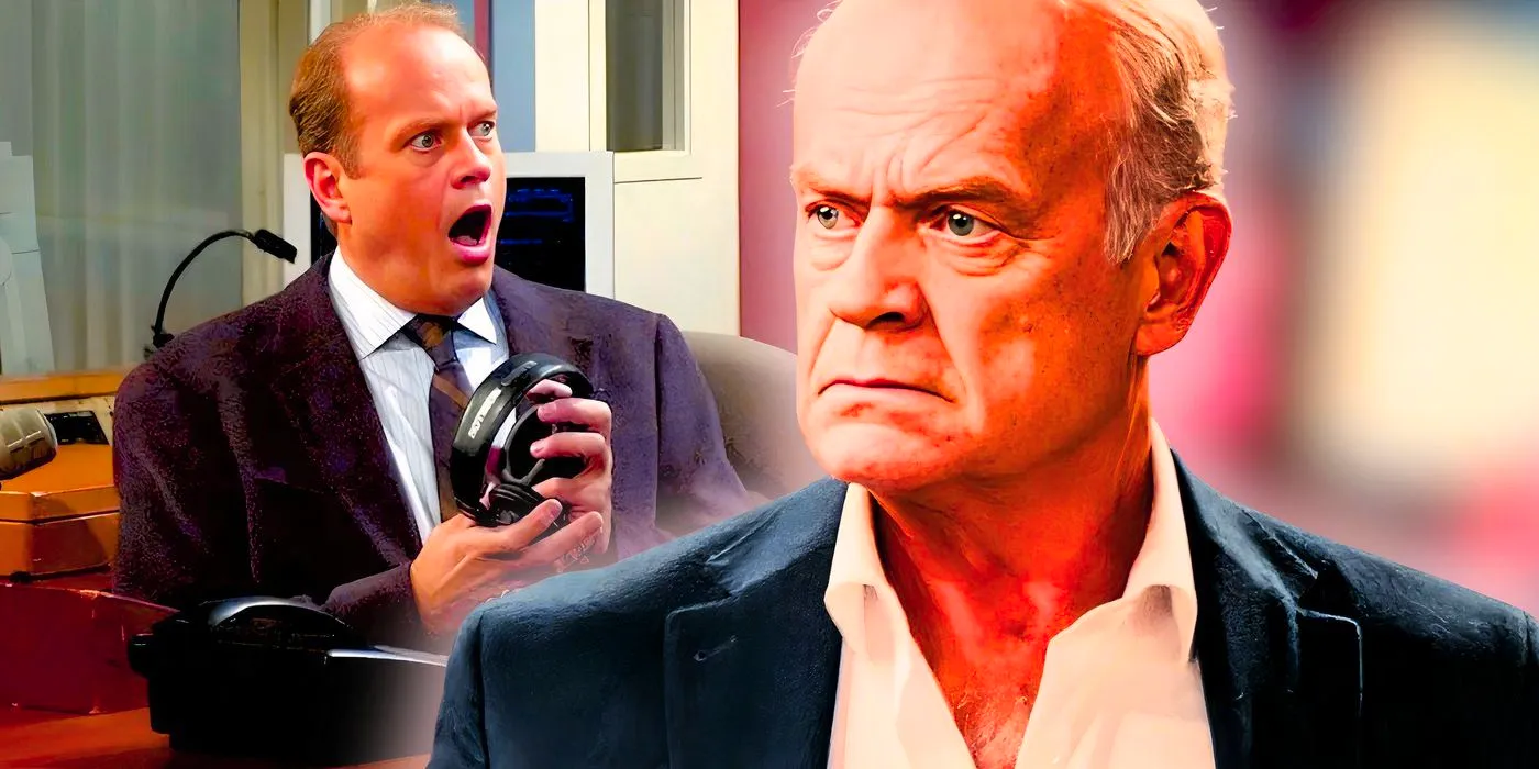 Kelsey Grammer as Frasier Crane looking disgruntled in Frasier (2023) collaged with Frasier from the original series at his radio show Image