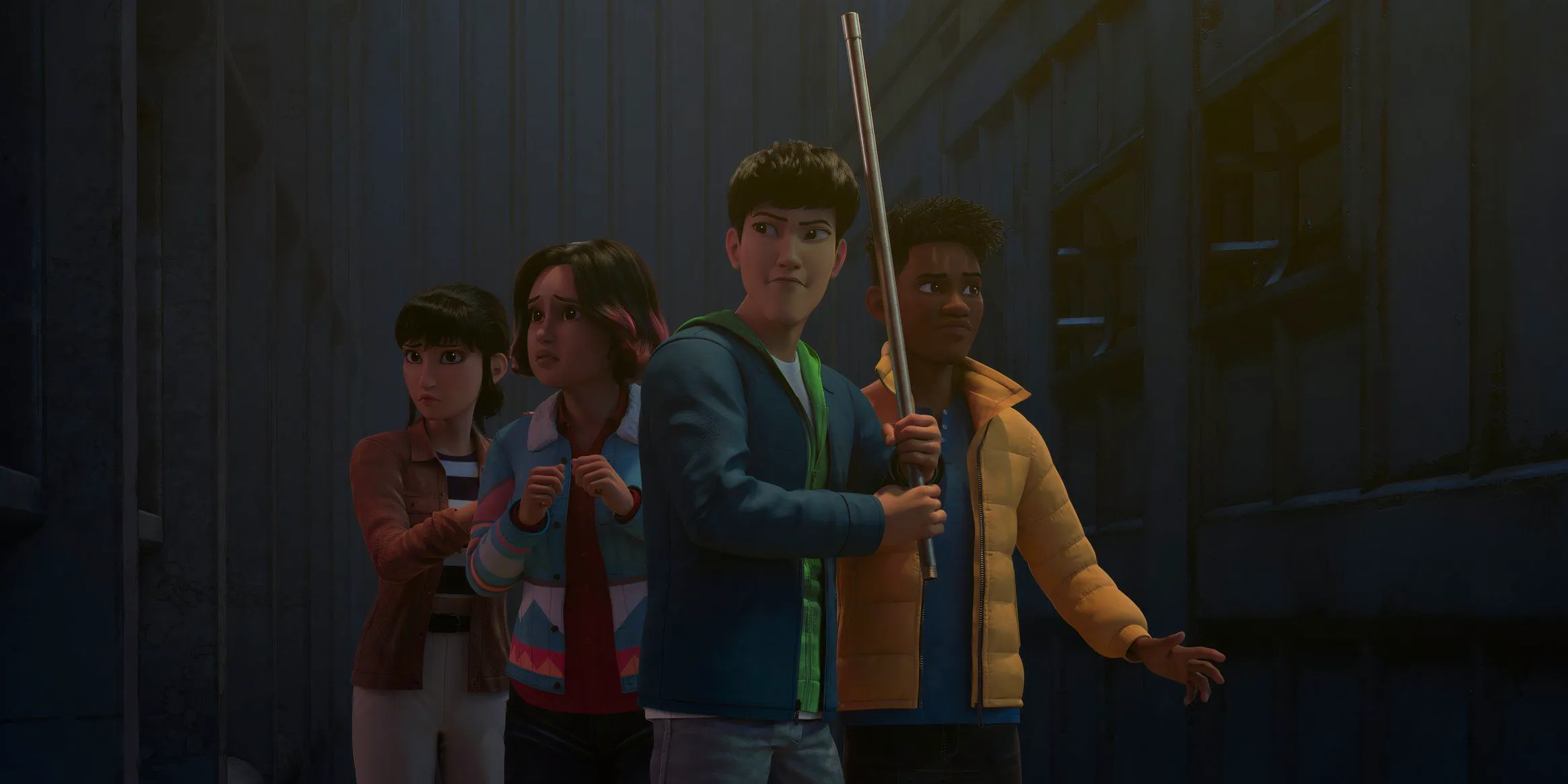 Kenji holds up a pipe with Darius, Yaz, and Sammy behind him Image