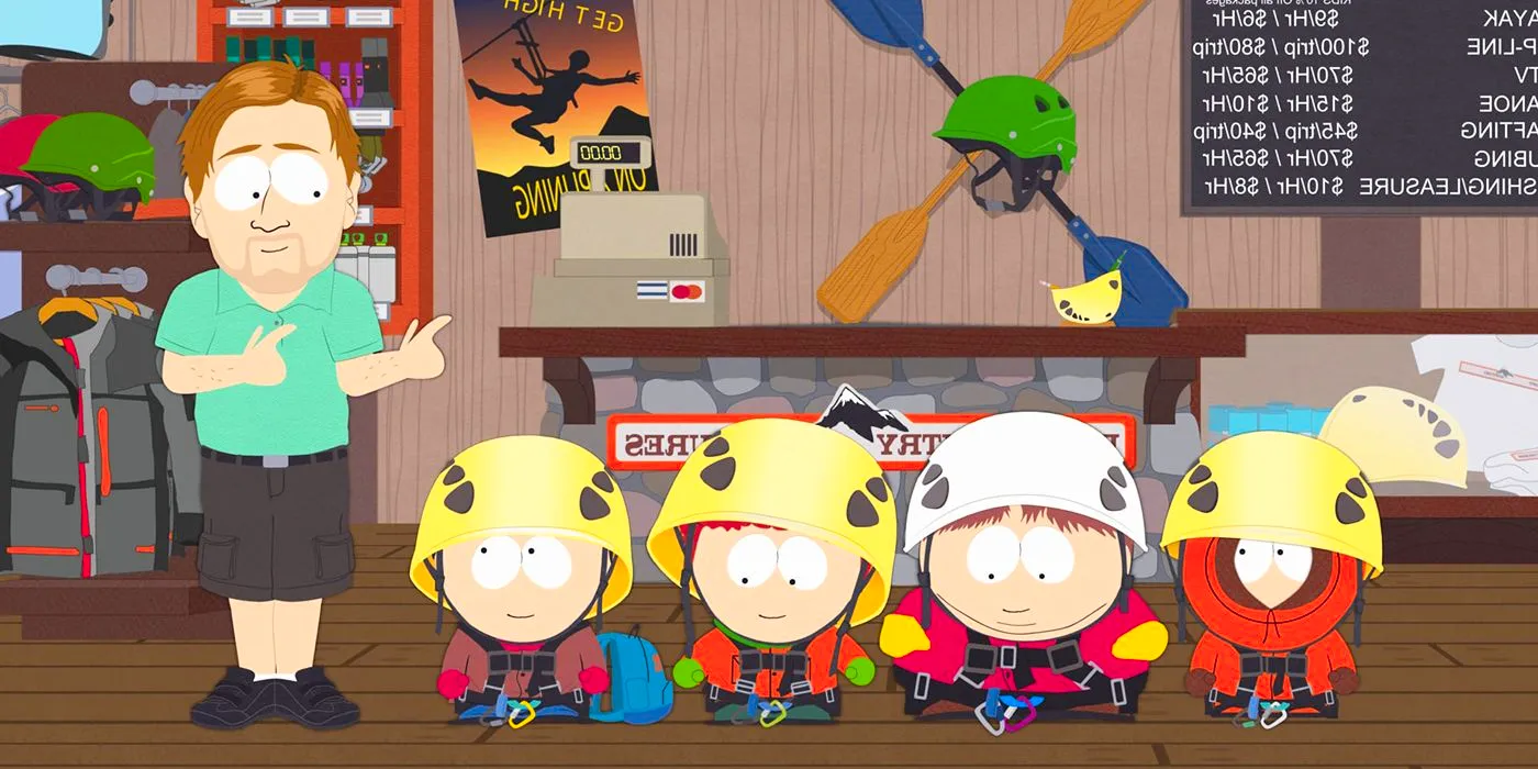 Kenny, Cartman, Kyle and Stan in ziplining gear in South Park Image