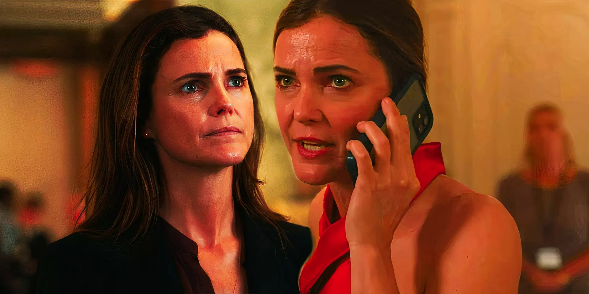 Keri Russell as Kate Wyler speaking on the phone next to Kate looking regretful in The Diplomat Image