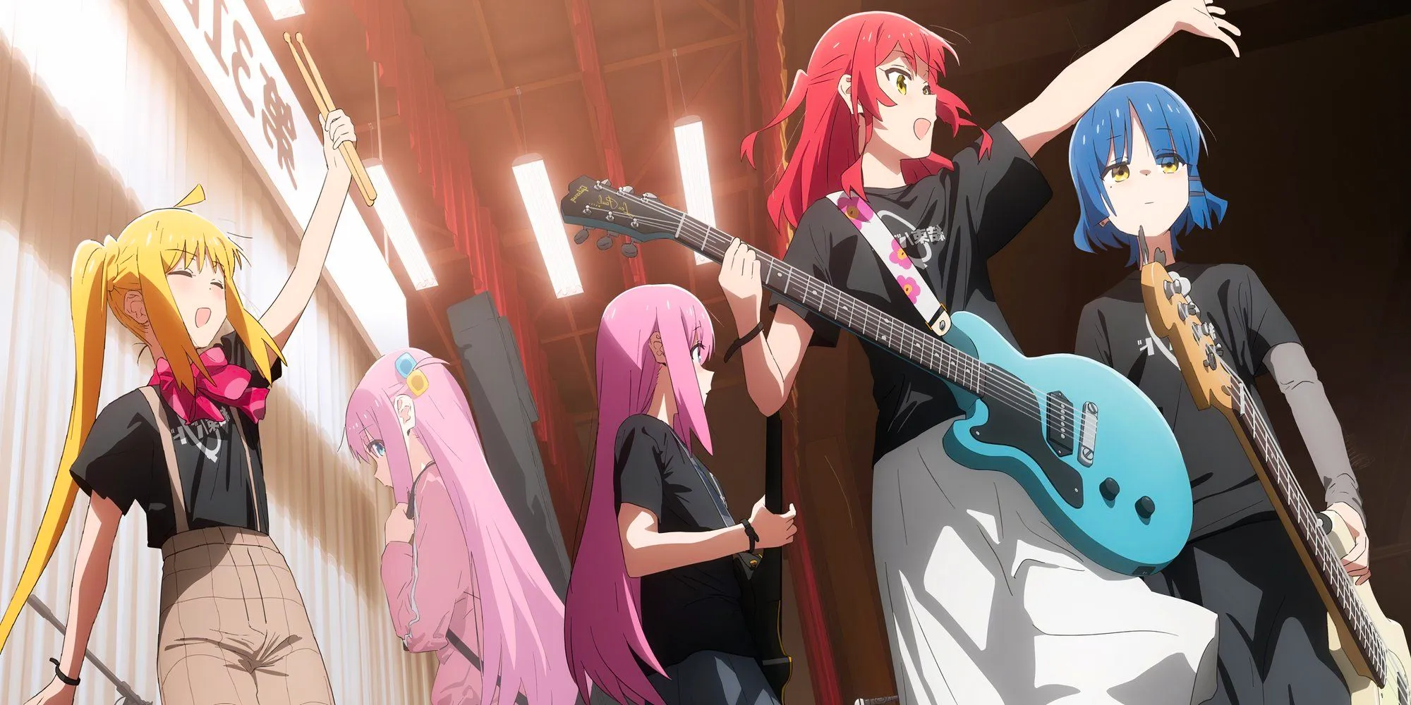 Kessoku Band from Bocchi the Rock in a music video for the series as all of them hold their instruments while Bocchi looks worried. Image