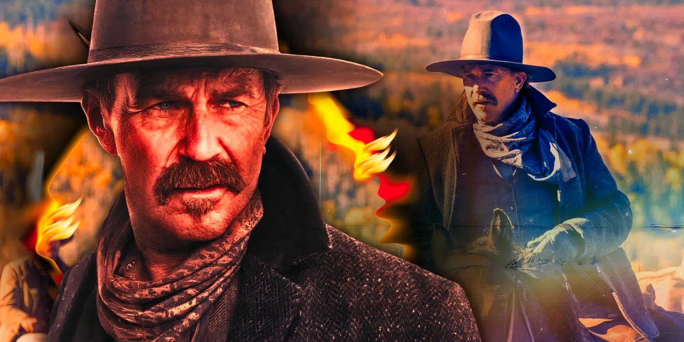 Kevin Costner as Hayes Ellison riding a horse next to Hayes looking serious with fire in the background in Horizon An American Saga Image