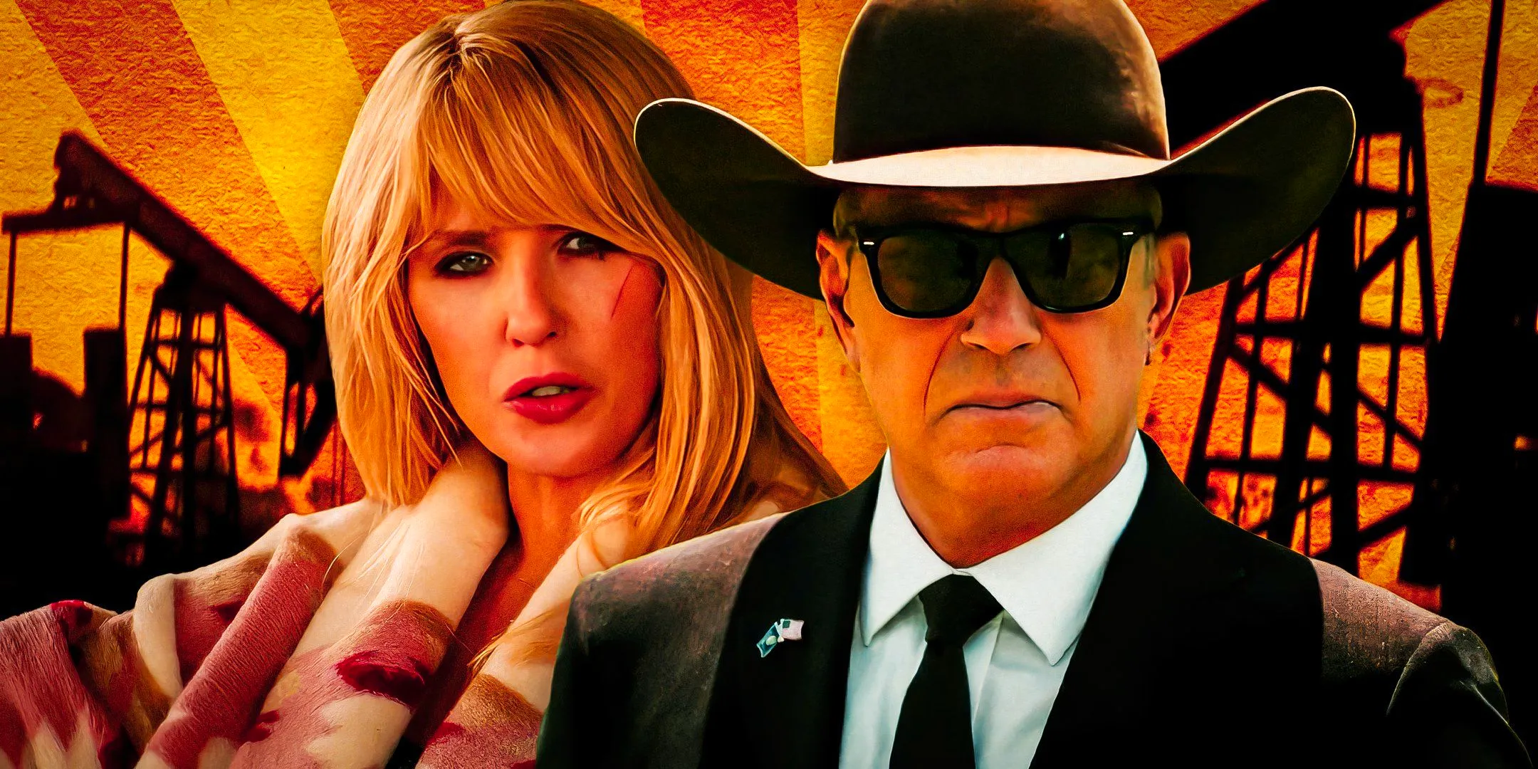 Kevin Costner as John Dutton looking serious in a hat and sunglasses and Kelly Reilly as Beth Dutton looking upset in Yellowstone Image