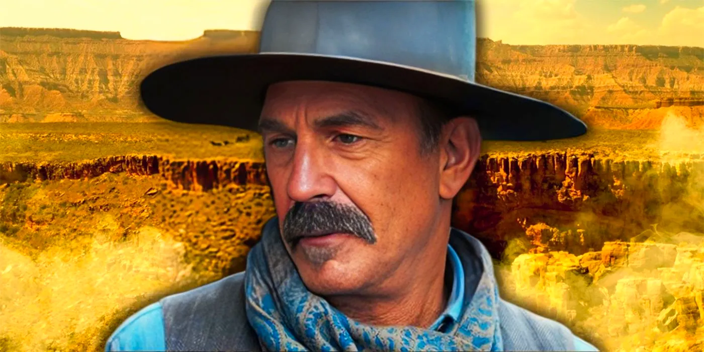 Kevin Costner in Horizon An American Saga in Front of a Yellow Canyon Image