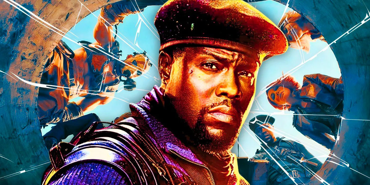 Kevin Hart as Roland looking serious in Borderlands with the cast behind him Image