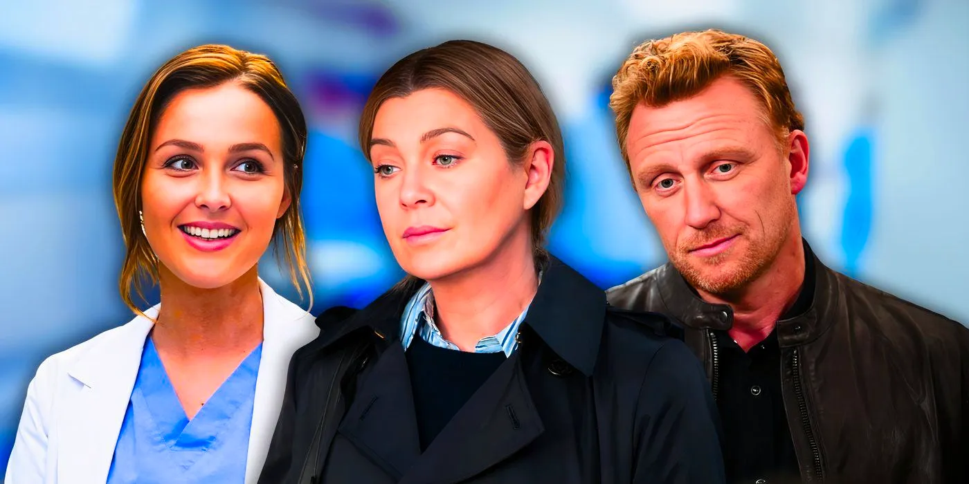 Kevin McKidd as Owen Hunt looking sad, Ellen Pompeo as Meredith Grey looking fed up, and Camilla Luddington as Jo Wilson smiling in Grey's Anatomy Image