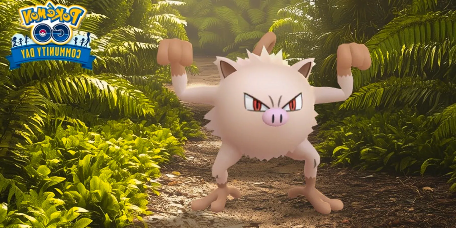 Key art for Mankey Pokemon GO Community Day, featuring the Pig Monkey Pokemon close-up in a jungle Image