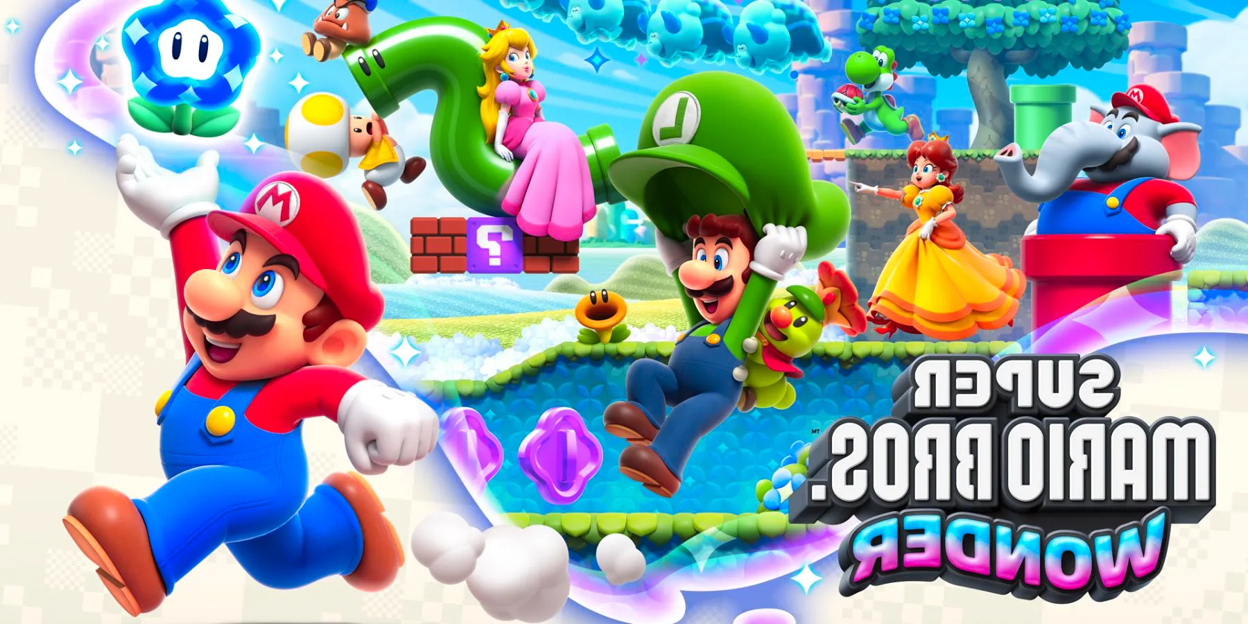 Key art for Super Mario Bros. Wonder, with a variety of the game's characters and enemies in a number of scenes from the game. Image