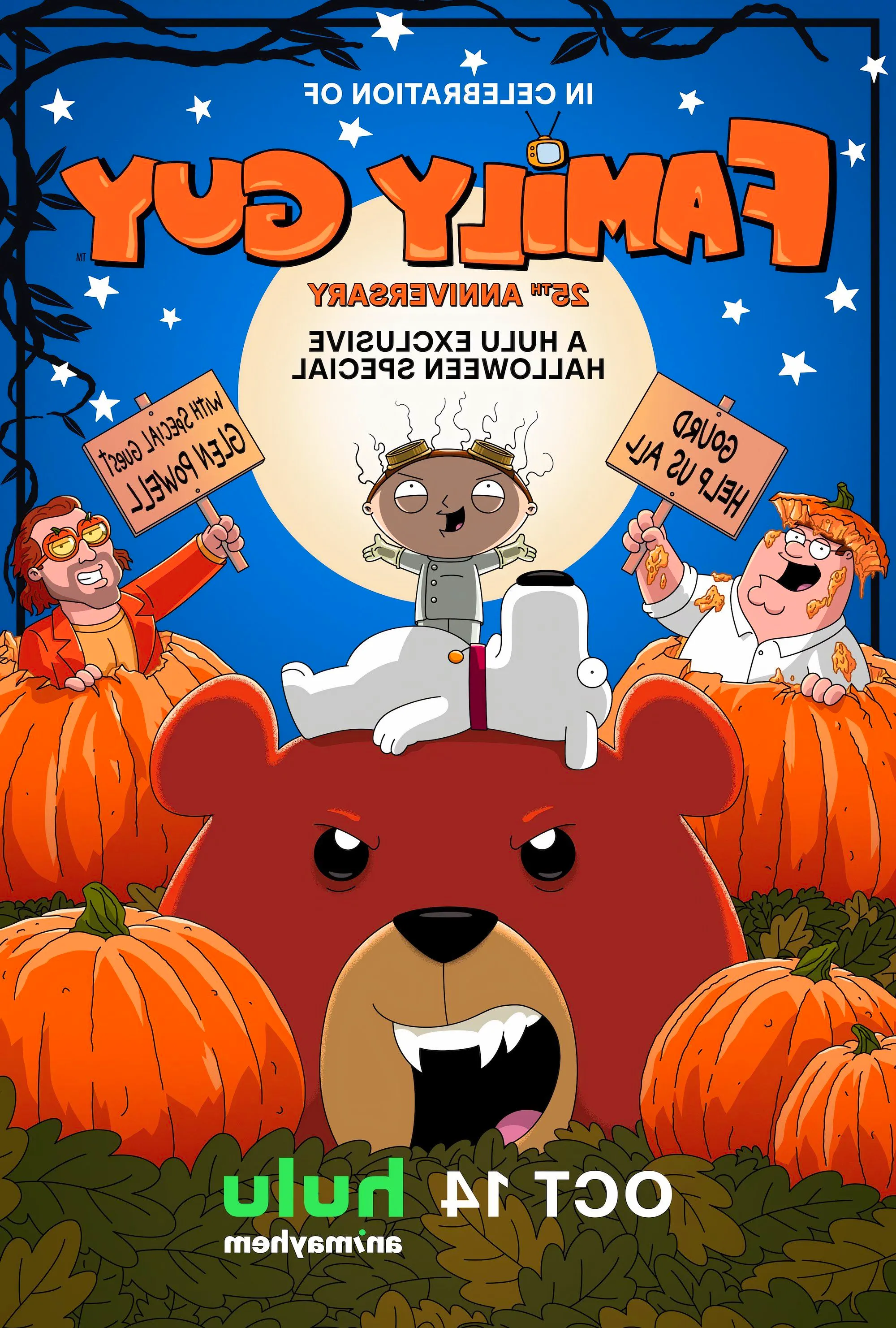 Key Art for the Family Guy 2024 Halloween Special with Stewie resurrecting Brian on Top of Rupert's giant head Image