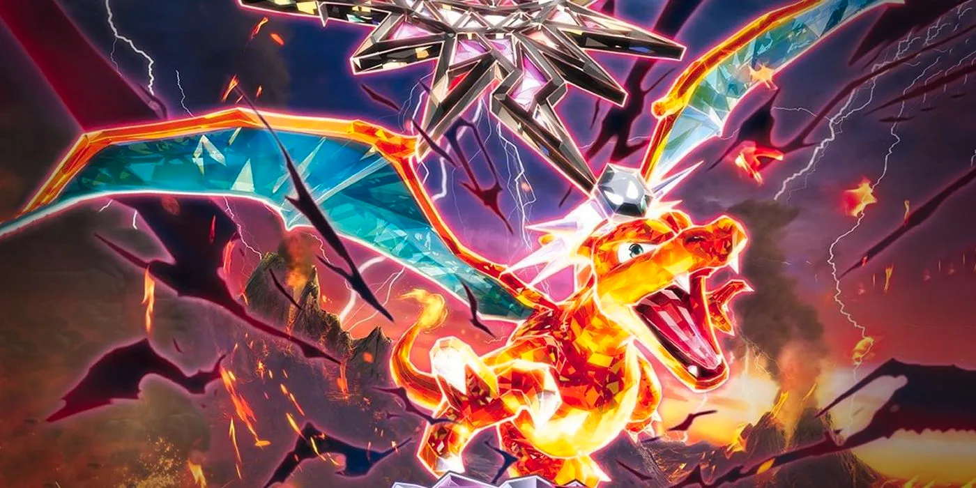 Key art of a Terastallized Charizard for the Pokémon TCG's Obsidian Flames expansion. Image