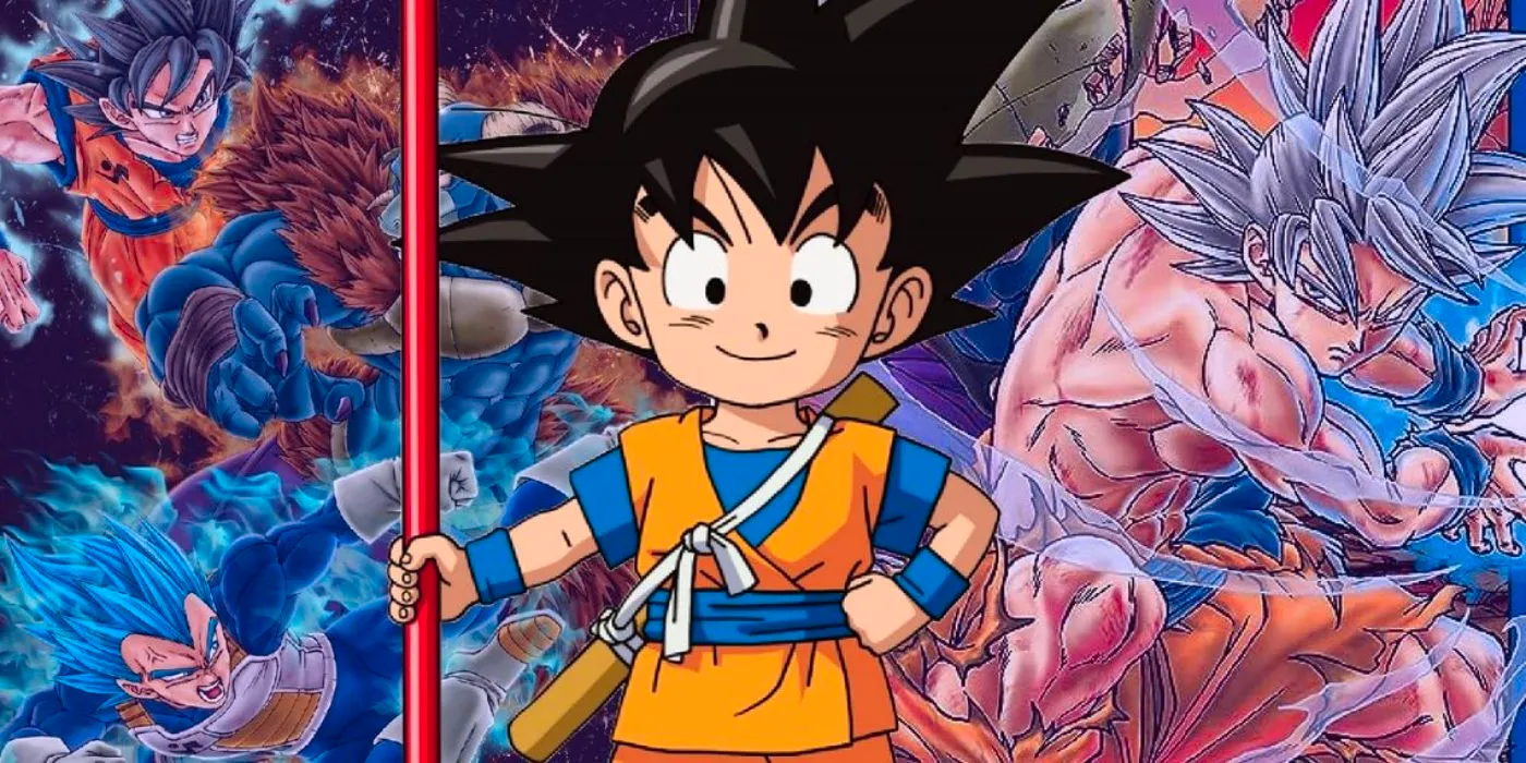 Kid Goku with his older Dragon Ball Super counterparts behind him. Image