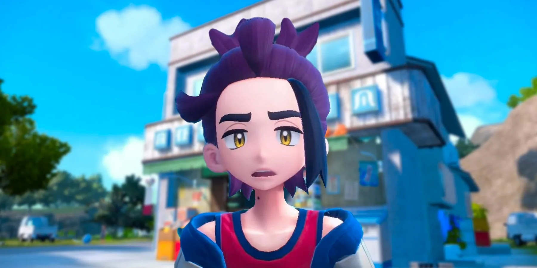 Kieran from Pokemon Scarlet in Violet in front of a shop location for the DLC. Image